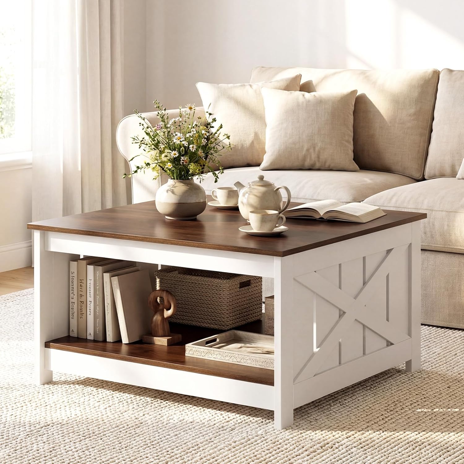 Giantex Farmhouse Coffee Table, 31 Inch Square Wood Coffee Table with Storage Shelf, 2-Tier Vintage Center Table with Open Compartment, Rustic Living Room Table for Home Office, White & Brown