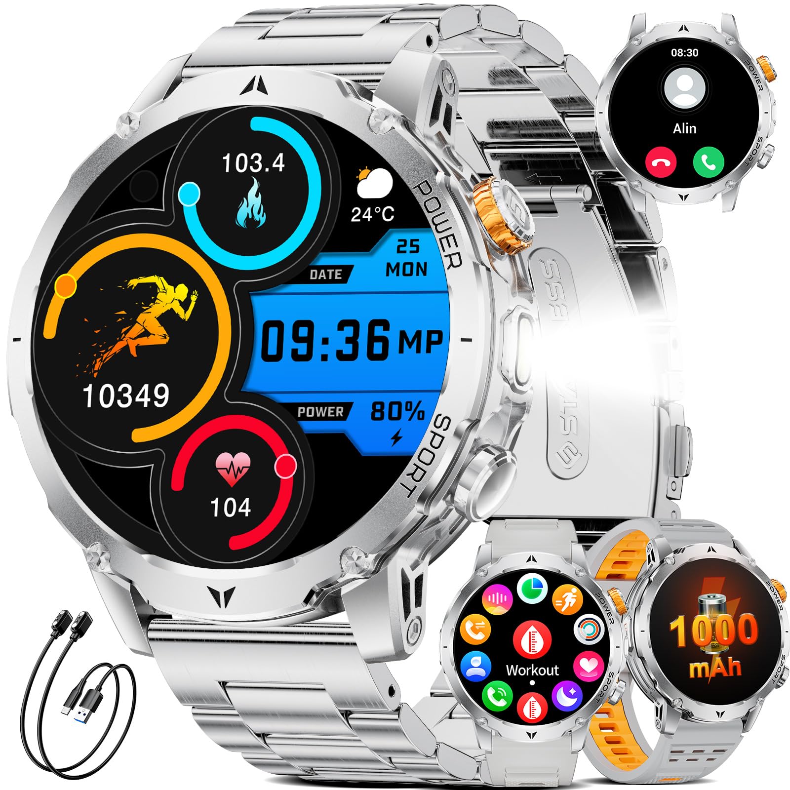 LIGE Smartwatch Herren mit 1000mAh Akku/1.7'' HD Große Display,Militär Smartwatch mit Taschenlampe/Bluetooth Anrufe/120+ Sportmodi,IP68 Wasserdicht Fitnessuhr mit Schlafmonitor/Herzfrequenz,Silber