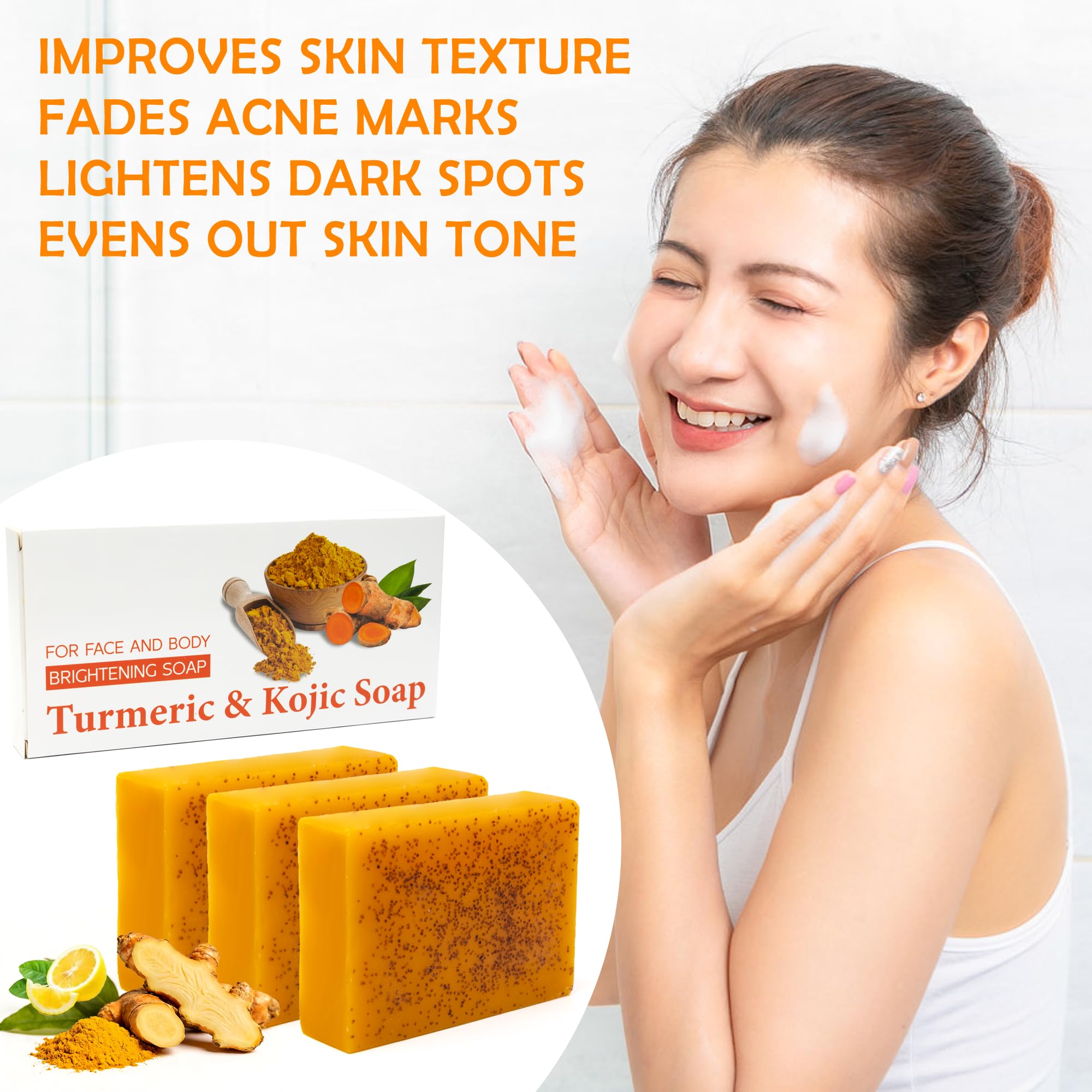 Lot de 3 Savon Curcuma Visage et Corps avec 3 Filets Moussants - Kojic Acid Soap - Savon à l'Acide Kojique Éclaircissant Anti-Taches Brunes, Acné, Hyperpigmentation - Teint Uniforme et Éclatant