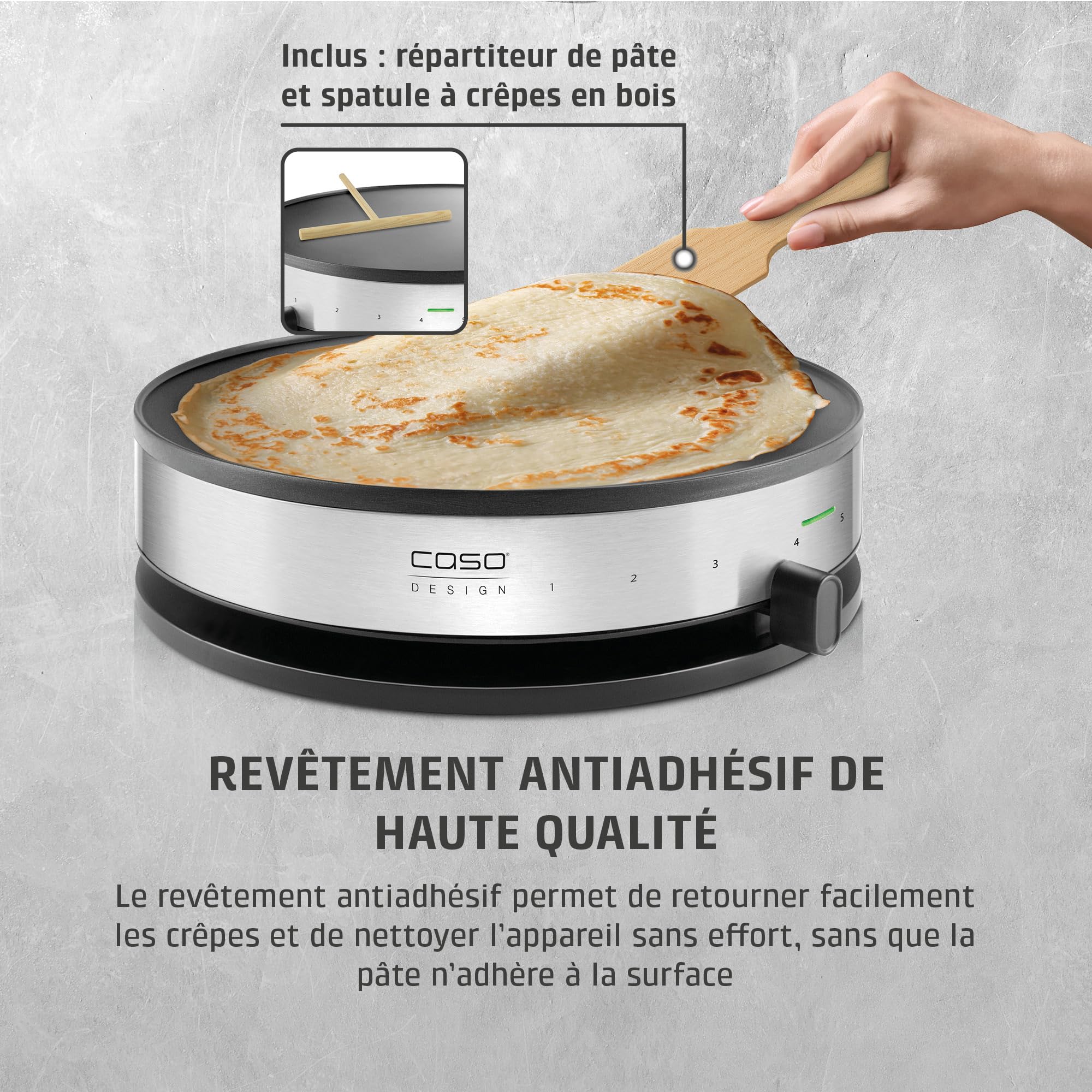 Caso 2930 cm 1300 Design Crêpes maker avec surface de cuisson Extra Large, diamètre 33 cm, 1300 W, Noir, Argent