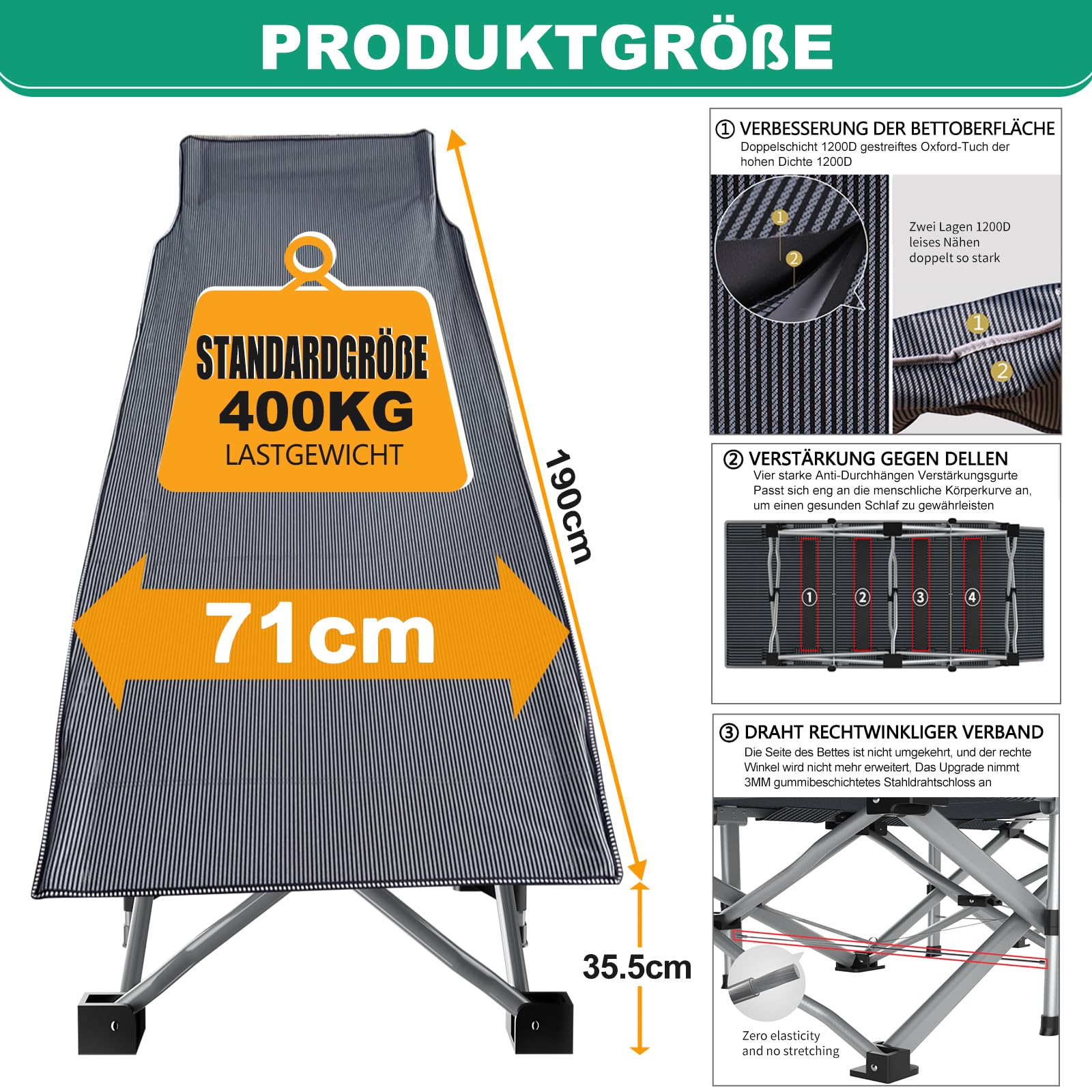 2er Feldbett Klappbar mit Matratze, Campingbett Breite 68cm Tragfähigkeit 400kg, Klappbett/Gästebett Mit Aufbewahrungsbeutel, Relax Liege/Geeignet für Strandgärten, Camping, und Entspannung