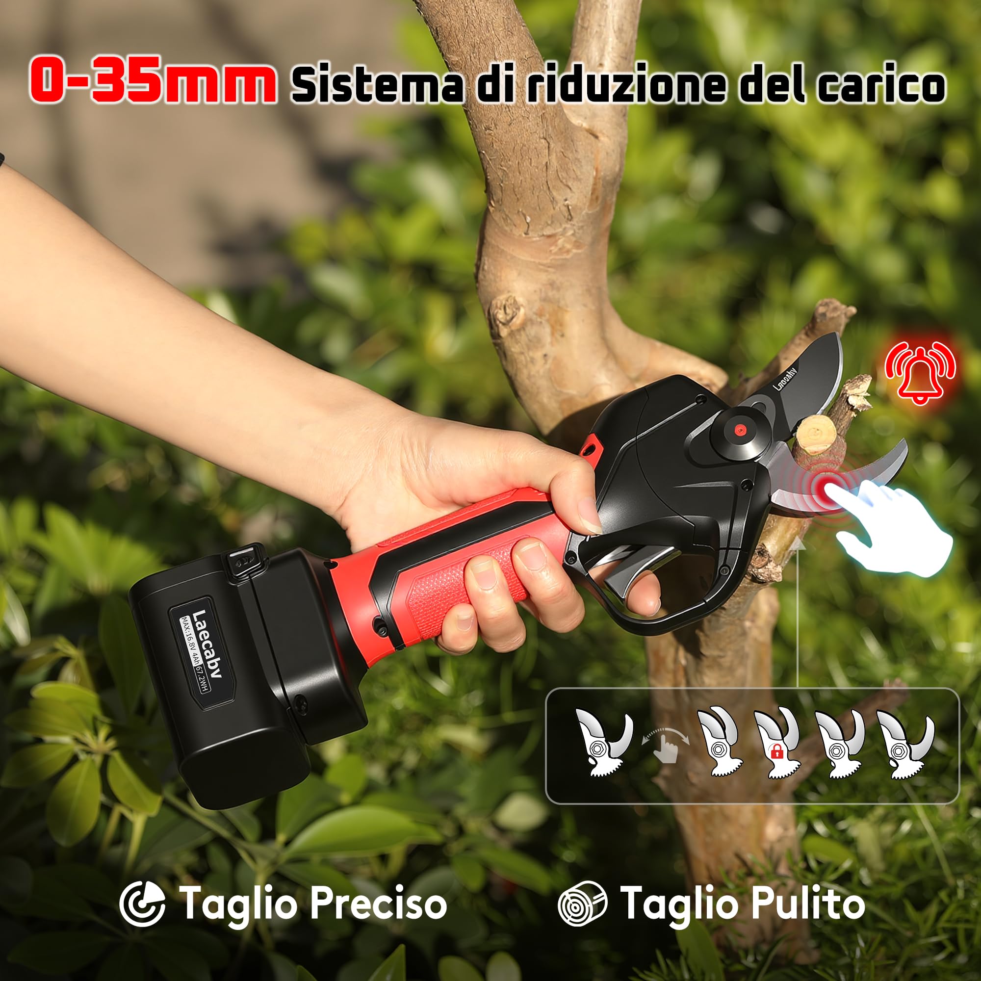 Laecabv 35mm Forbici Potatura a Batteria, Cesoia Elettrica Professionali, 2 Batterie 4Ah, Protezione Anti-Taglio, Taglio Progressivo, Cesoie Olivo Vigneto, Compatibile LA-E05