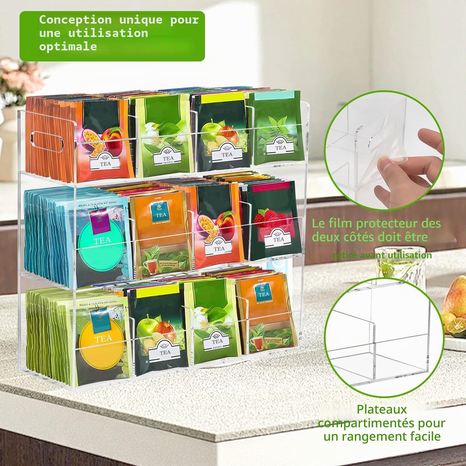 mumisuto Boite a The en Acrylique avec 12 Compartiments pour 216 Sachet Thé, Boite à Thé Gain de Place & sans Odeur 29,6 x 9,8 x 26,4 cm, Moderne & Élégant Boite Transparente pour Le Rangement