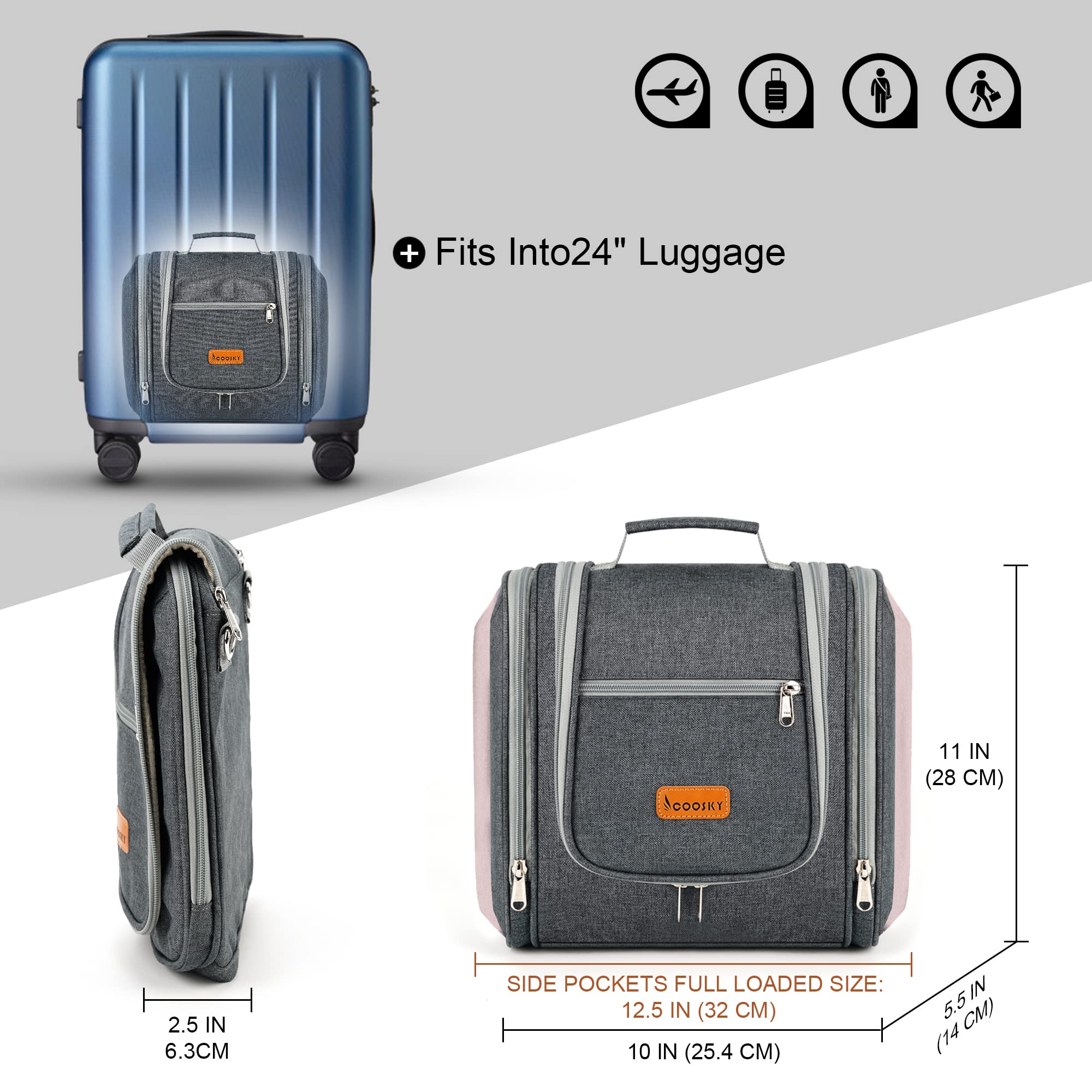 COOSKY Neceser de viaje extra grande para mujeres y hombres, bolsa de higiene, kit organizador de baño y ducha con soportes de banda elástica para artículos de tocador, cosméticos, maquillaje,