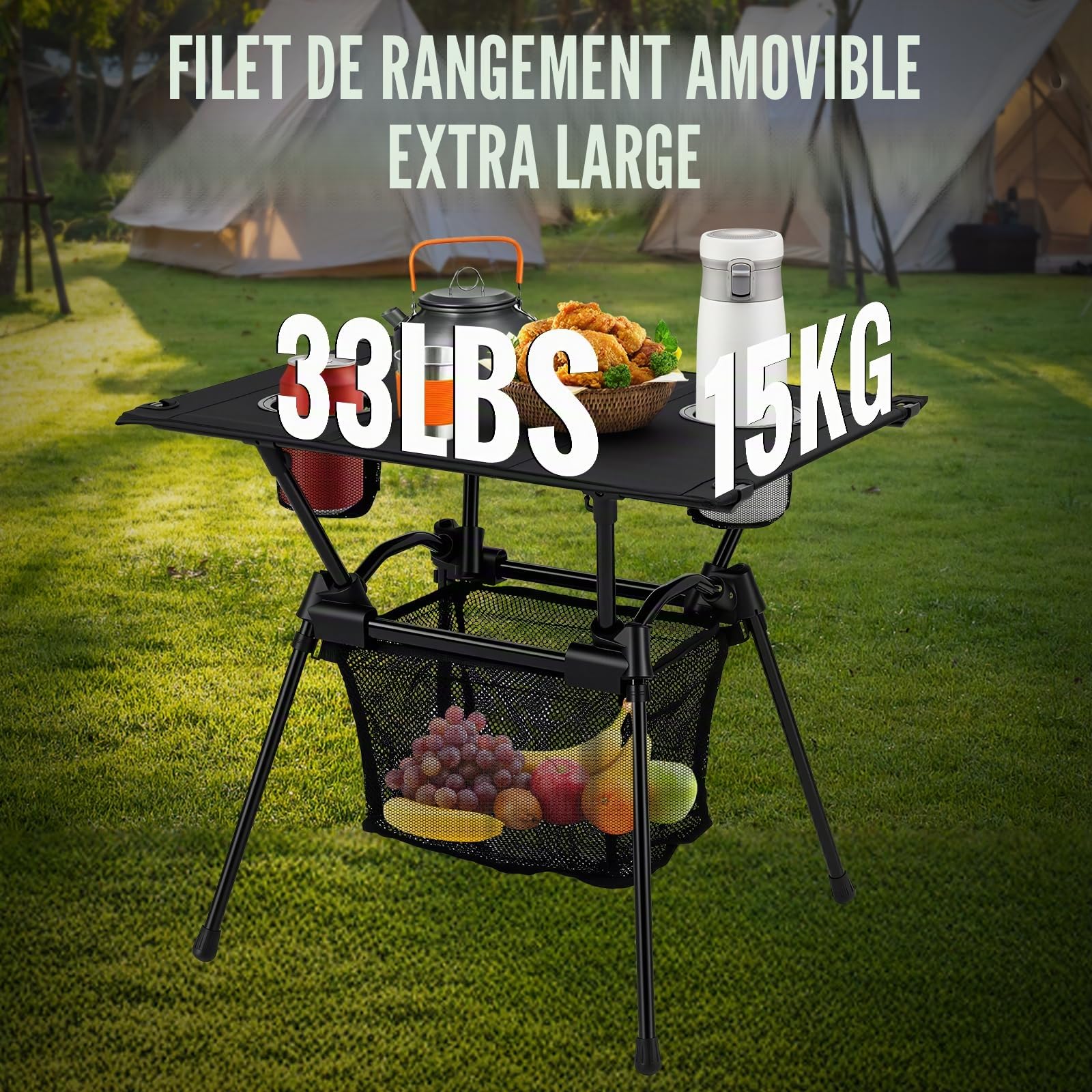GARLLEN Table de Camping Pliante 59 x 43 x 51cm,avec Rangement Net-Noir