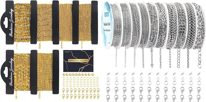 Ecoofor Stainless Steel & 18K Gold Plated Jewelry Making Chains, 78.7ft x 10 Rolls SS, 39.3ft x 6 Rolls 18K Gold, DIY Necklace, Bracelet, Earrings, Body Chain with Jump Rings/Lobster Clasps/Connectors