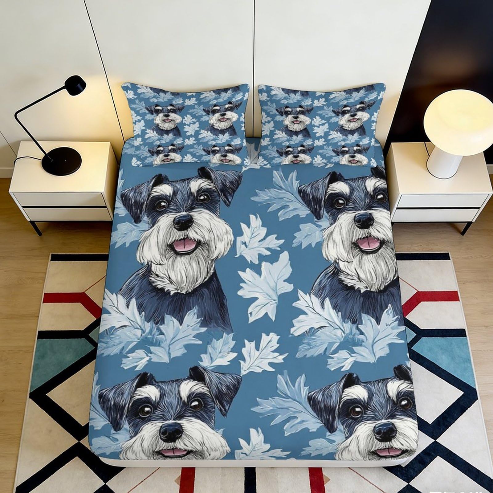 3D Printed Schnauzer Dog Fitted Sheet Microfiber Soft Durable Blue Bed Cover for Bedroom Dormitory Guest Room Mattress Protection Decoration 160x200x25cm