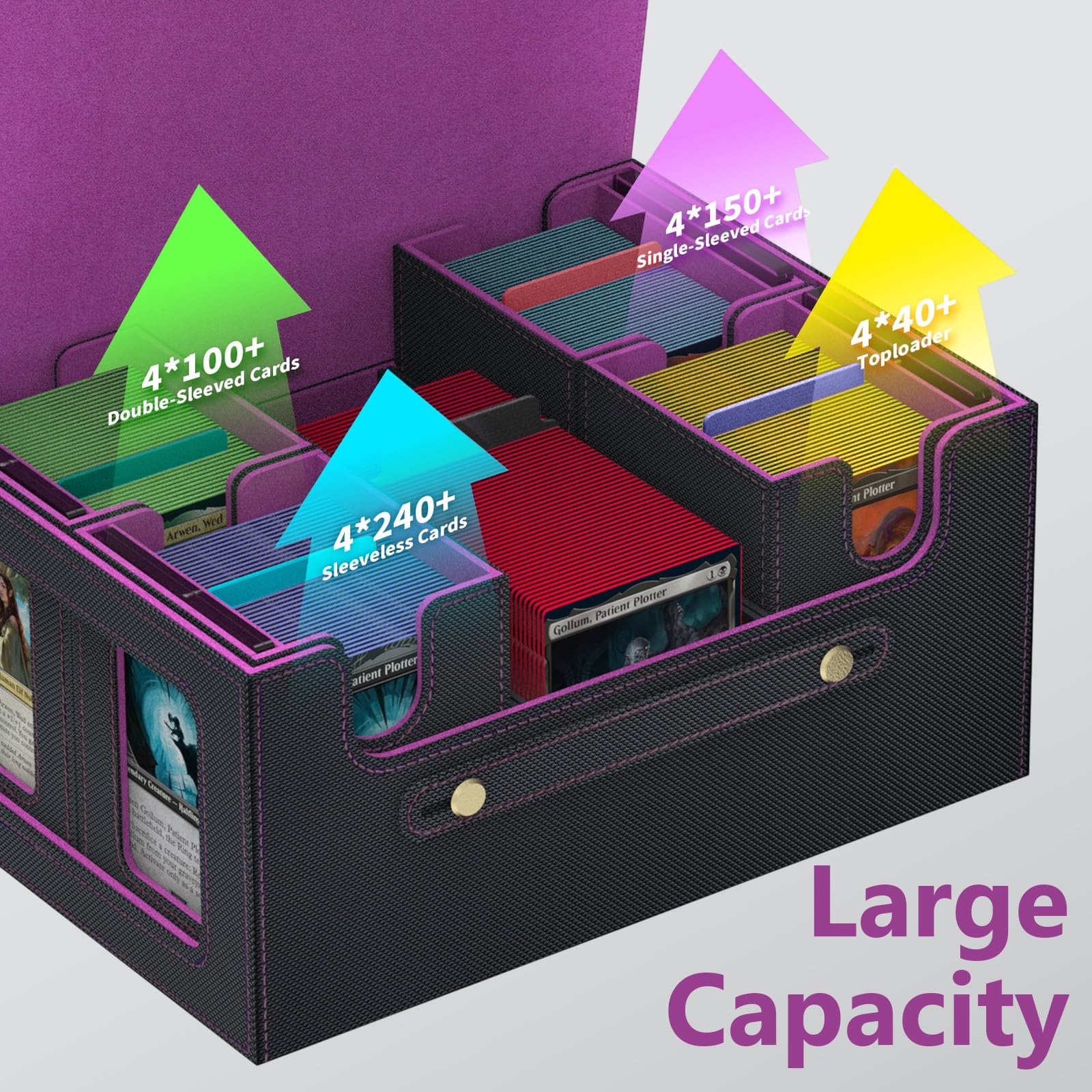 Trading Card Storage Box with Handle,MTG Deck Box Holds 2000+Cards with Commander Display,PU Leather Magnetic Playing Card Case with 24 Dividers&Dice Tray for TCG,Magic the Gathering,Sports Cards - Image 3