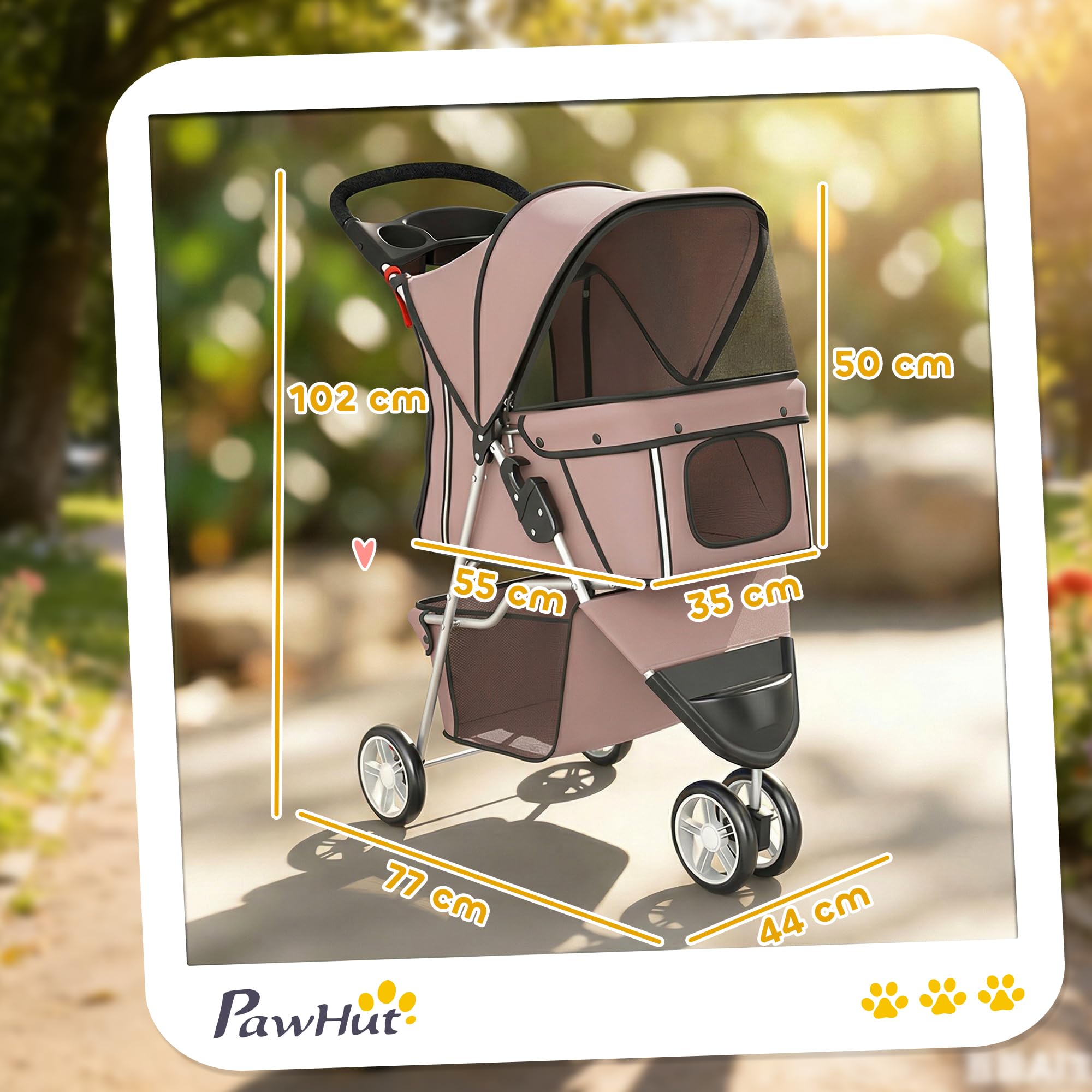PawHut Poussette pour Chien 4 Roues, Chariot Pliable avec Frein, Auvent Réglable, Panier de Rangement, Porte-Gobelet, pour Petits Chiens et Animaux Agés, 77x44x102cm, Café