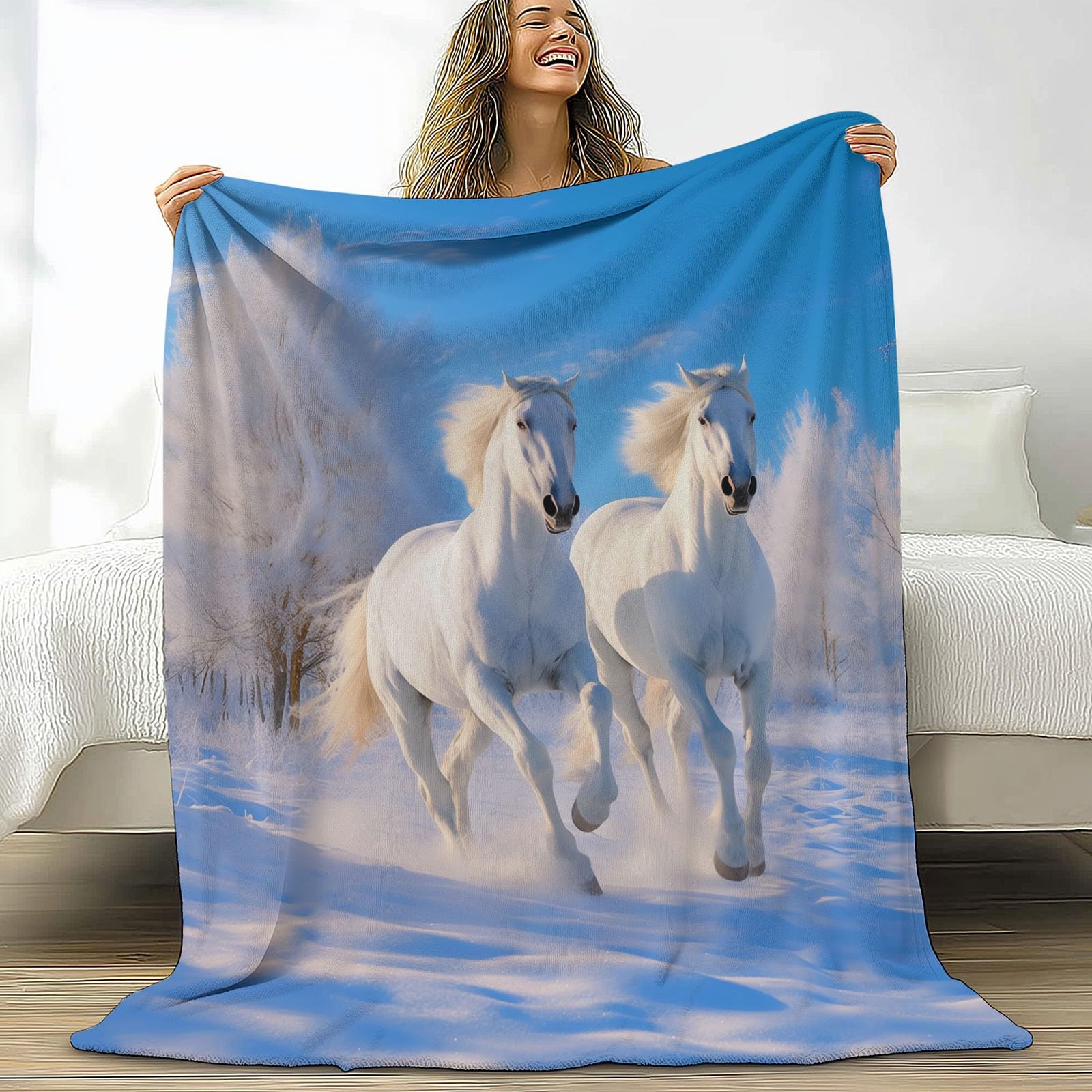 CozyRest Manta de Felpa de Lujo para Sofá y Cama, Carreras de Caballos en la Nieve 220 x 240 cm - Ultra Suave, Ligera y Cálida, Invierno