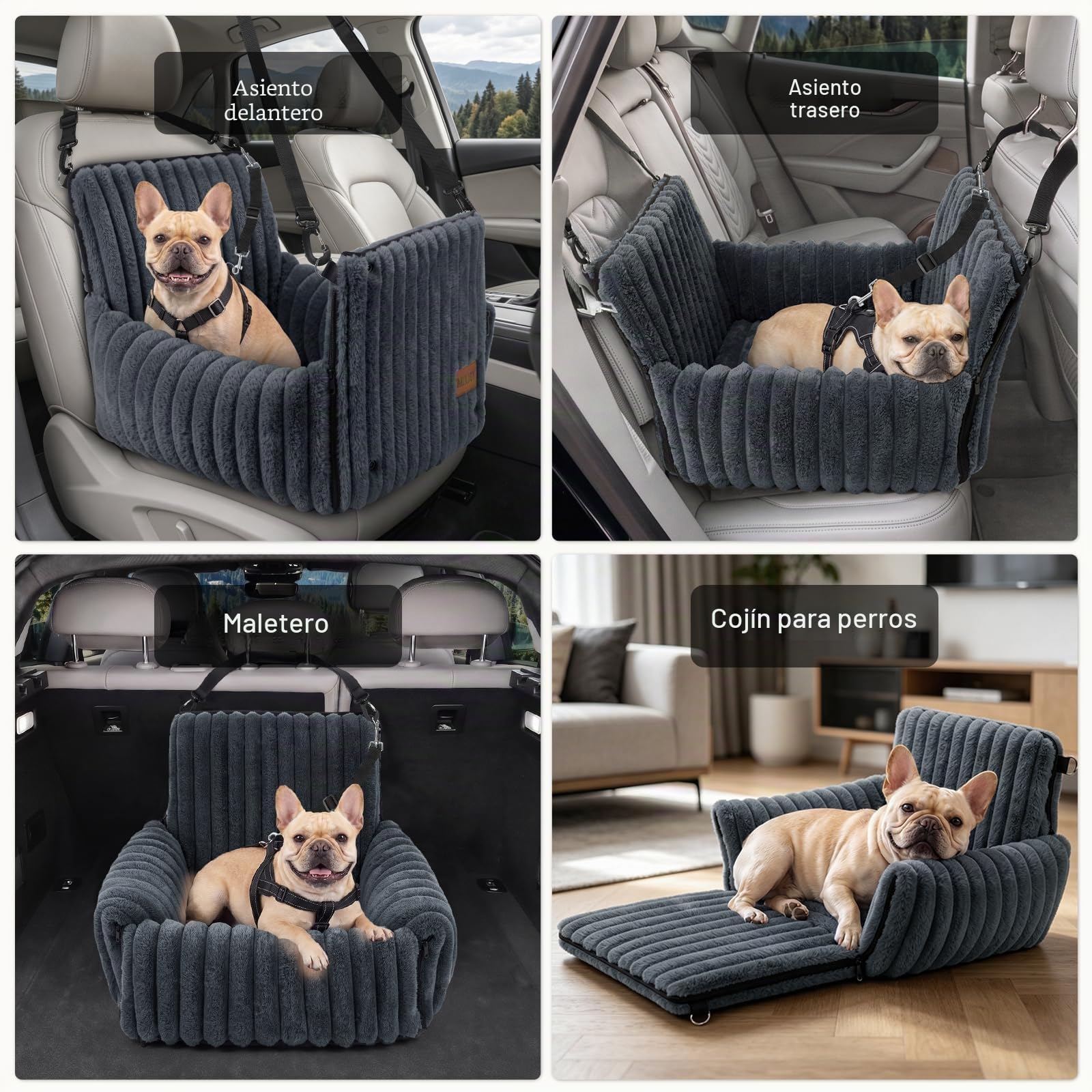 MIXJOY Asiento de Coche para Perros pequeños y medianos, extraíble y Lavable, Correa con inserción, Relleno de Espuma viscoelástica Espesa, para Asiento Trasero y Delantero (Ggris)