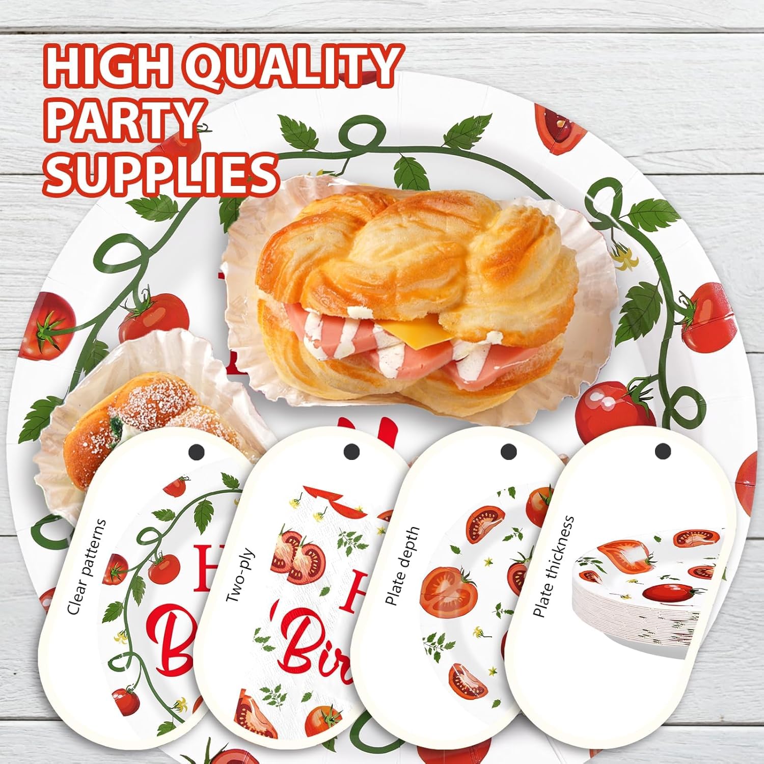 96Pcs Funny Tomato Birthday Party Decorations Red and Green Fresh Plates and Napkins Tomato Decor Tableware Favors for Baby Shower Boys Girls Happy Birthday Party Supplies Serves 24