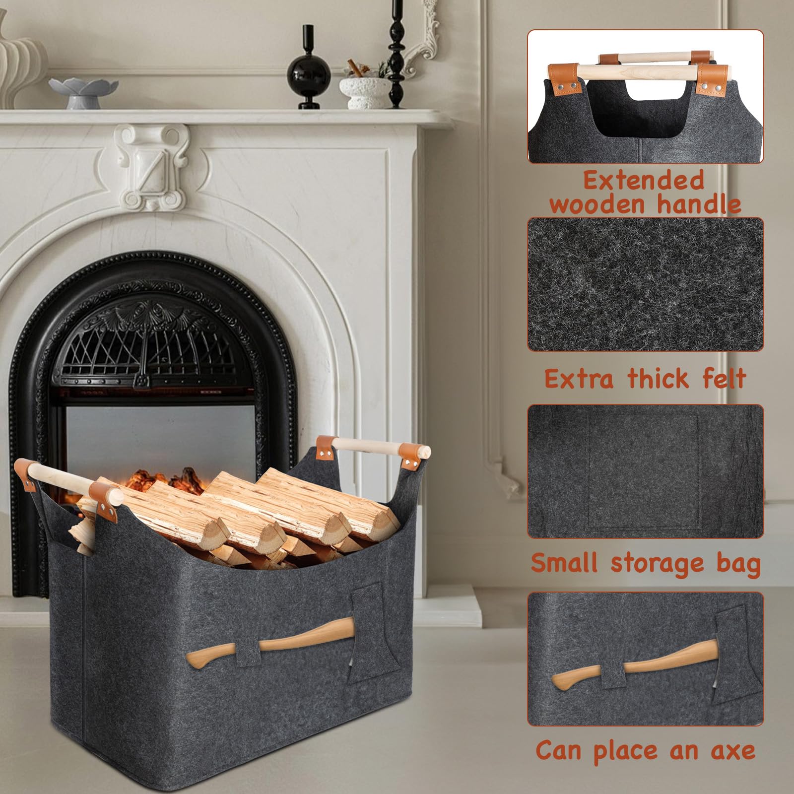 2025 Nuevo Canasta De Leña 55 x 40 x 32 cm 70L, El hacha se puede colocar, Cestas De Fieltro Súper Gruesas Y Manijas De Madera Maciza, Cesto Leña, Fieltro De Bolsa De Leña Plegable
