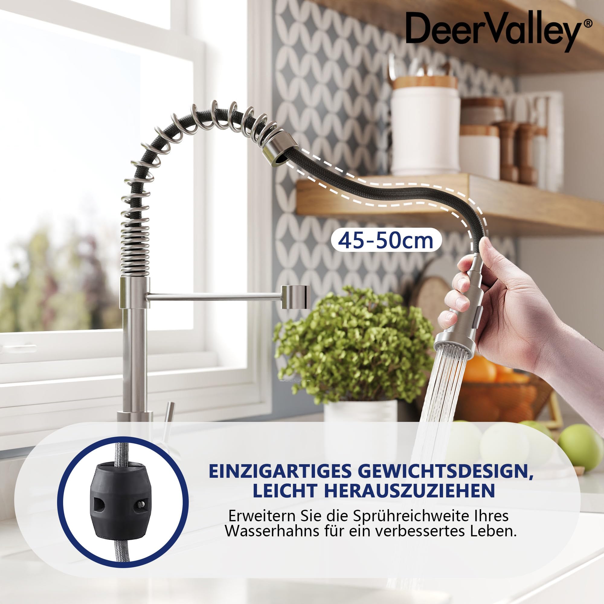 DeerValley Wasserhahn Küche Küchenarmatur Ausziehbar mit 2-Strahl-Sprühbrause Drehbarem Einhebelmischer Edelstahl Wasserhahn für Spüle, Flexibler Küchenhahn