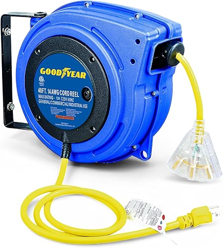 GOODYEAR Extension Cord Reel Extra Long 40 ft 14AWG 3C SJTOW, Triple Tap Connector, Heavy Duty, Slow Retraction Stop At Any Point