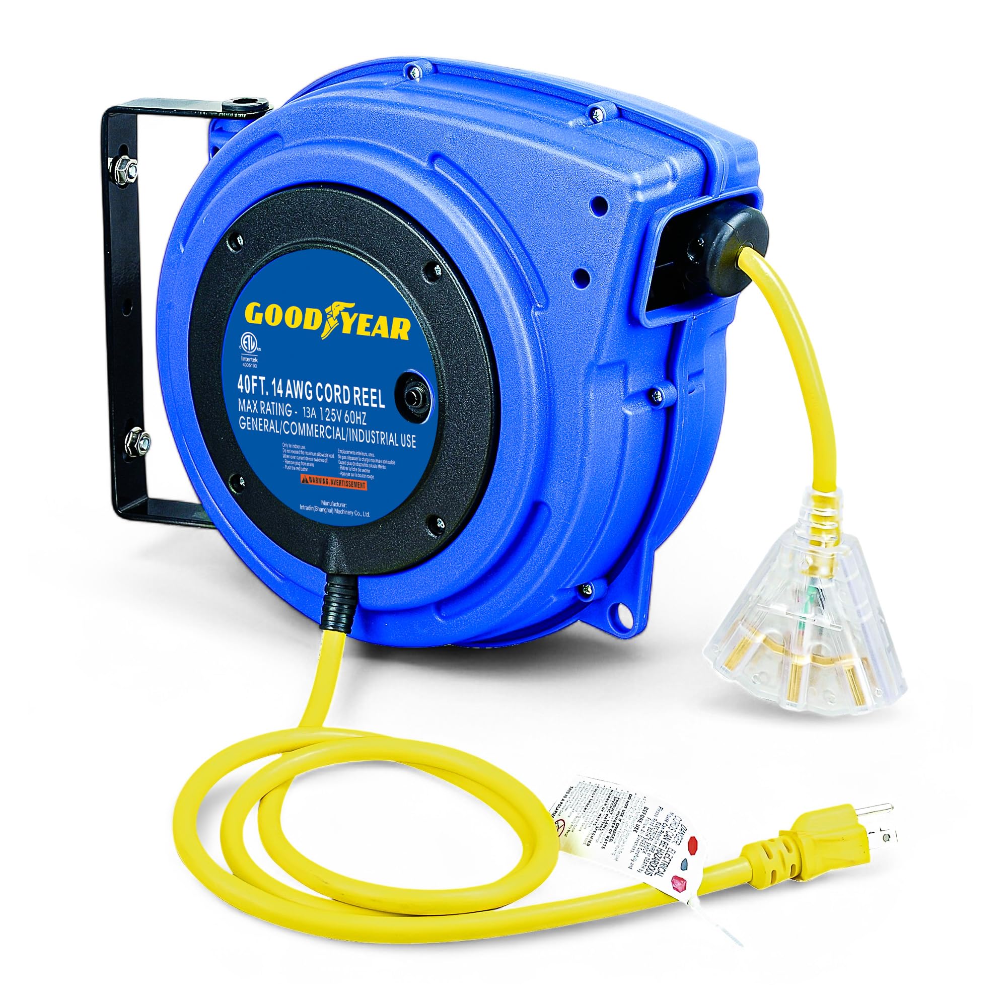 - GOODYEAR Extension Cord Reel Extra Long 40 ft 14AWG 3C SJTOW, Triple Tap Connector, Heavy Duty, Slow Retraction Stop At Any Point