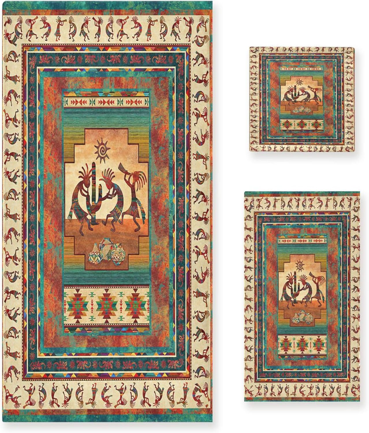 Kokopelli Bath Towels Set,Absorbent Soft 3 Piece Southwest Native American Ethnic Tribal Towels for Bathroom,1 Bath Towel 1 Hand Towel 1 Washcloth,Decoractive Guest Bathroom Towels,Brown