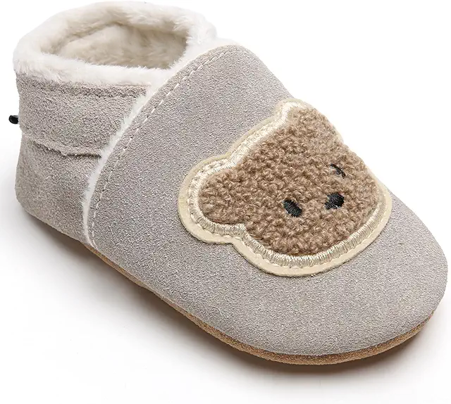 Chausson Bébé Garçon en Cuir Souple Fourré Peluche Chaude pour Hiver - Pantoufles Bébé