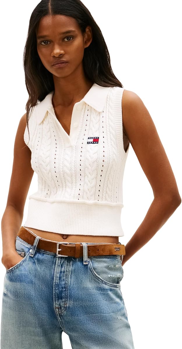 Tommy Jeans Women's Sleeveless Cable Sweater Cropped Polo