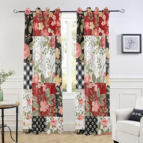 Cortinas opacas con diseño de flores y rosas de retazos de 84 pulgadas de largo para dormitorio y sala de estar, cortinas de oscurecimiento con