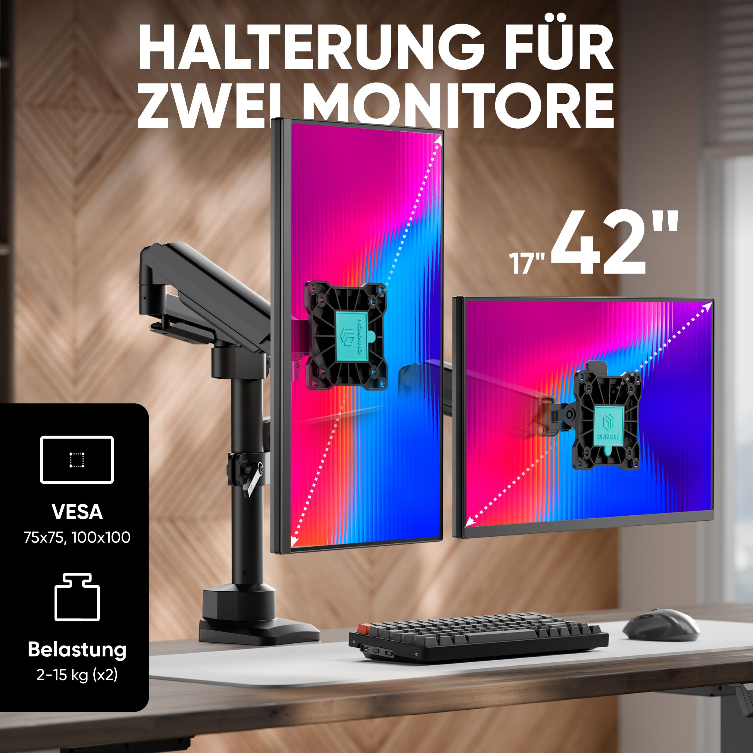 ONKRON Monitor Halterung 2 Monitore für 17-42 Zoll Bildschirme bis 15 kg pro Arm, dual Monitor Arm mit Gasdruckfeder, Monitorhalterung VESA 75x75-100x100, Tischhalterung verstellbar Schwarz G140-B