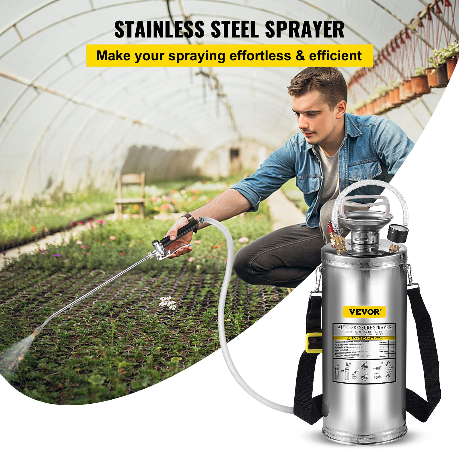 Pulverizador de acero inoxidable con manguera reforzada de 3,3 pulgadas, pulverizador de jardín para jardinería y limpieza del suelo