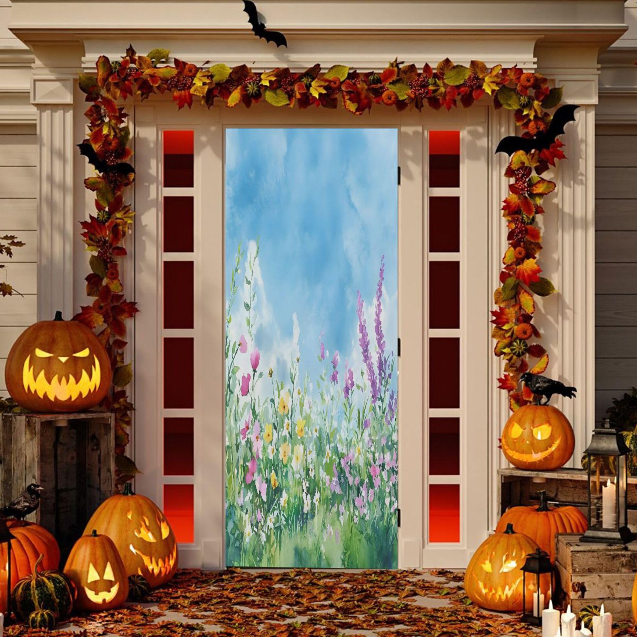 Housse de porte Noël en tissu extensible 81x200 cm pour décoration de porche