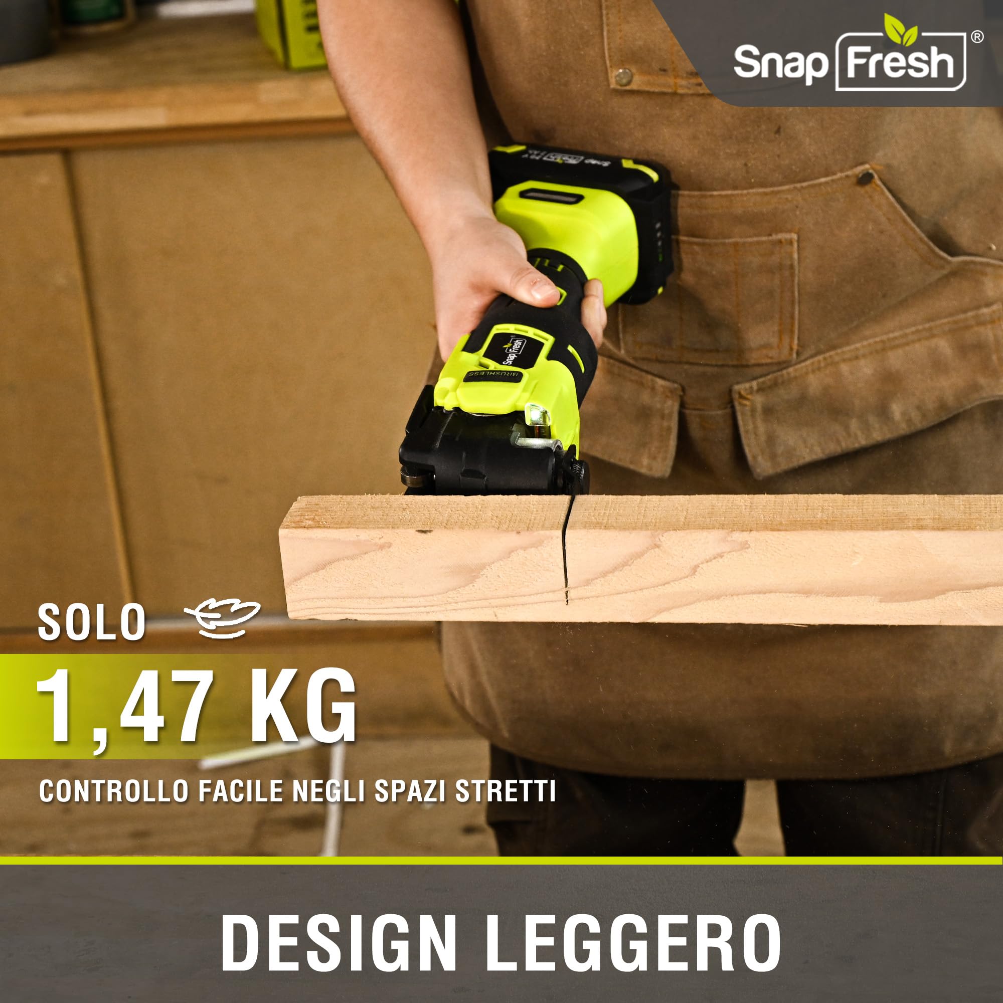 SnapFresh Utensile Multifunzione Oscillante 20V Senza Fili e Senza Spazzole, Tecnologia Anti-Vibrazione VibeNeutral, 6 Velocità Variabili, Angolo 4°, Batteria 2,0 Ah, Caricatore Rapido e Borsa