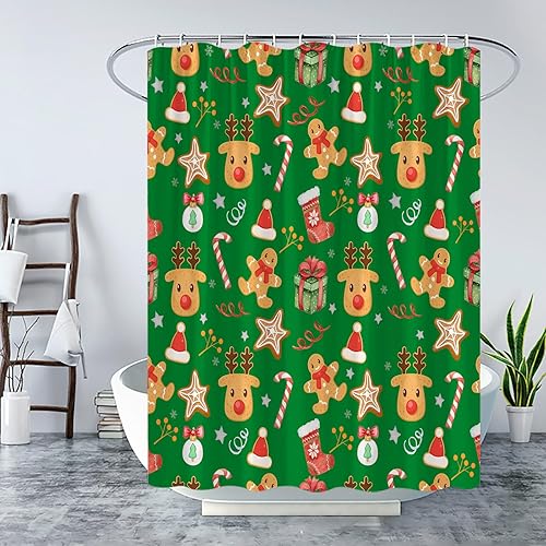 Miniatura 3 de Cortina de ducha de pan de jengibre de Navidad, diseño de dibujos animados, reno, galletas, copo de nieve, vacaciones de invierno, feliz año nuevo,