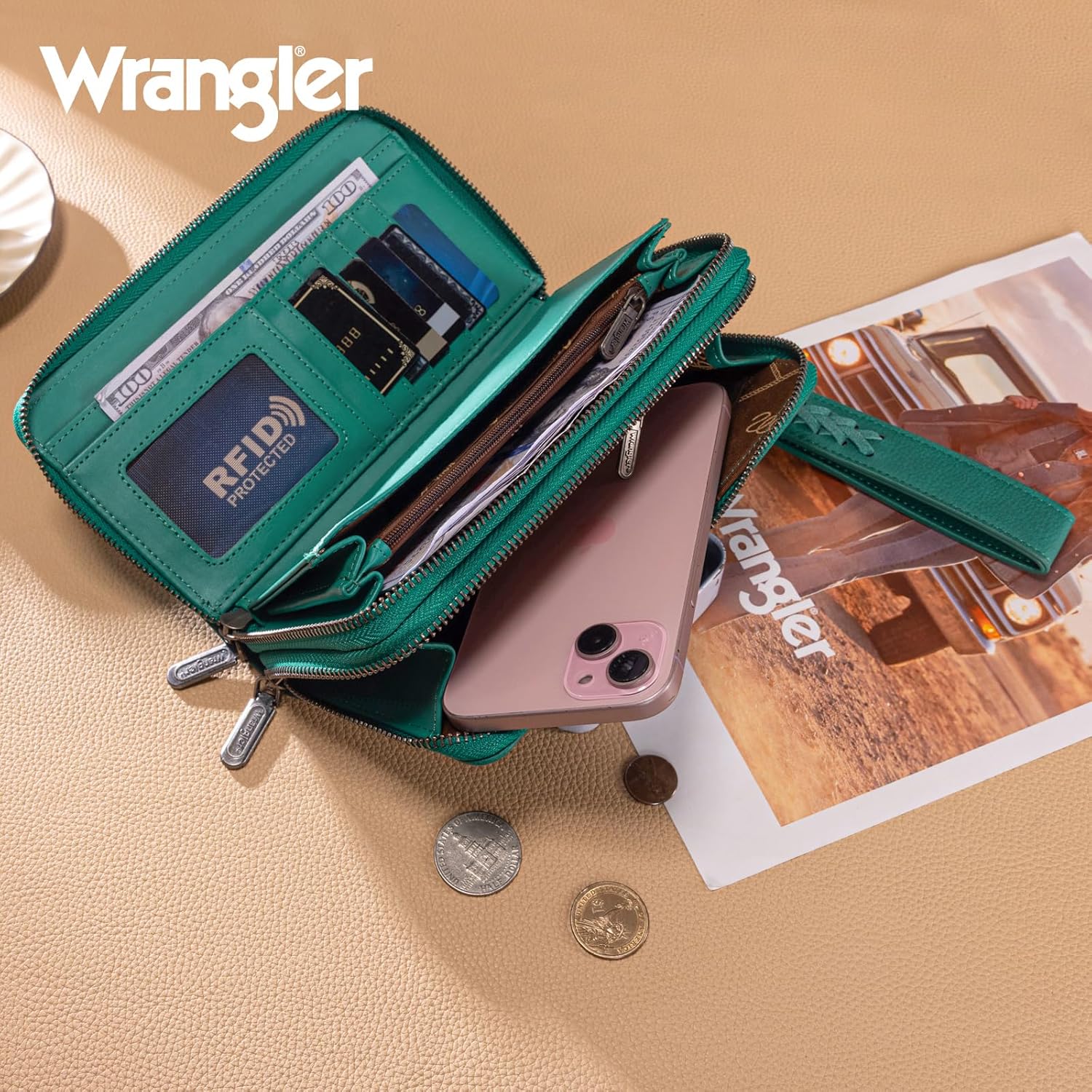 Montana West X Wrangler Women'S Wallets Double Zipper Pocket Large Capacity Phone Wristlet with Rfid Lining and Wrist Strap - Image 3