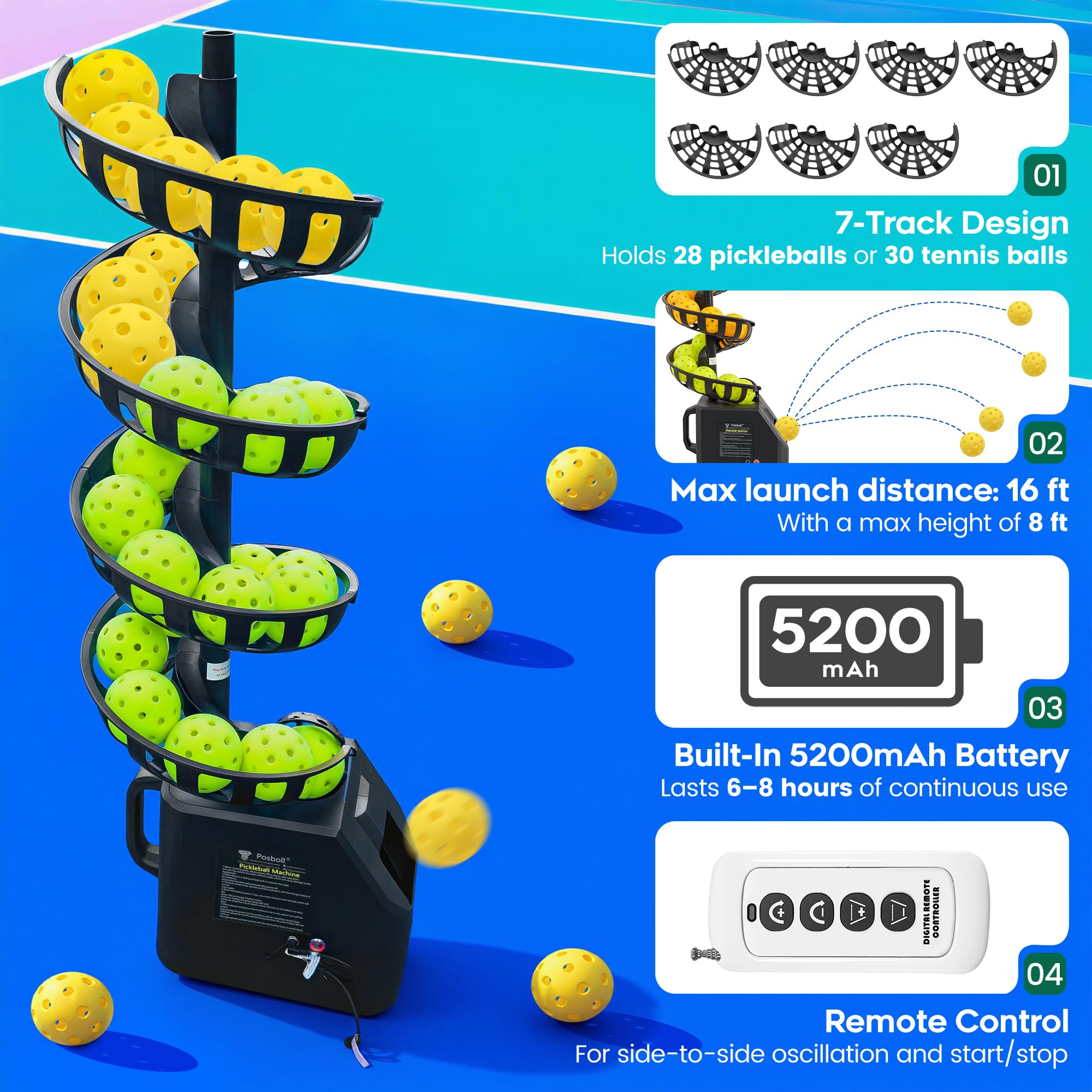 Rete portatile per pickleball e collettore di palline, con batteria al litio da 5200 mAh, sistema di riciclaggio per sottaceti, attrezzatura sportiva da tennis, ausili per l'allenamento da