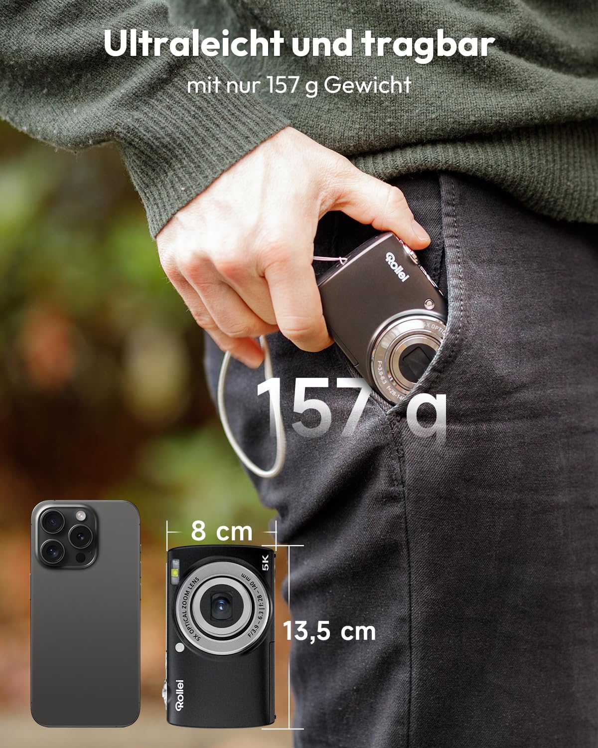 Rollei Powerflex Digitalkamera Compact 5X Optisch Zoom (Touchscreen) 64MP 5K Fotoapparat mit Dual-Kamera AutoFocus Fotokamera Tragbar Kompaktkamera Schwarz, Digital-Kamera-Fotoapparat-Camera