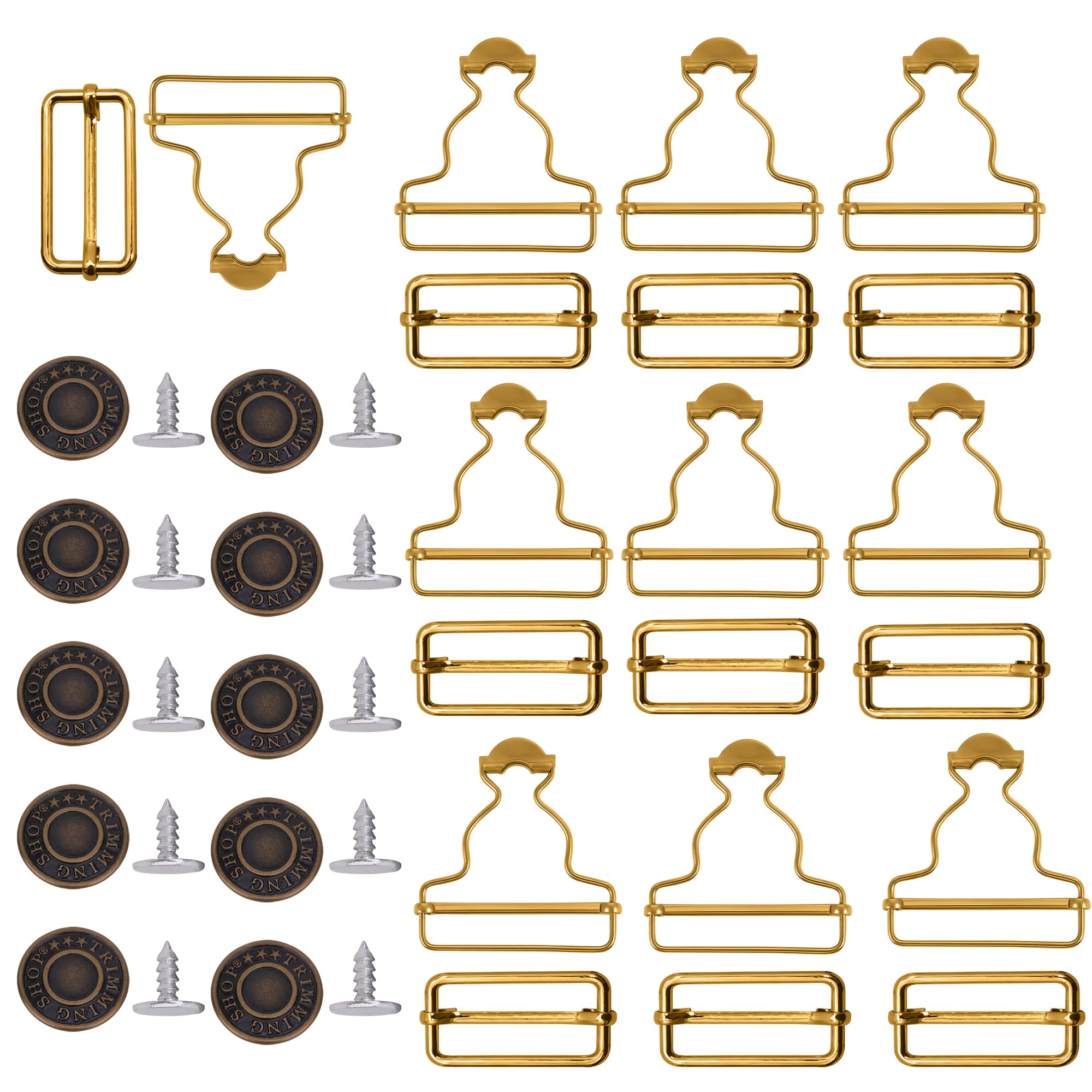 WedDecor 40mm Metal Dungaree Buckles with Tri-Glide Sliders and No-Sew Jean Buttons Durable Adjustable Fasteners for Bib Overalls, Fashion Design & Handmade Tailoring Projects, Bronze, 10pcs Set