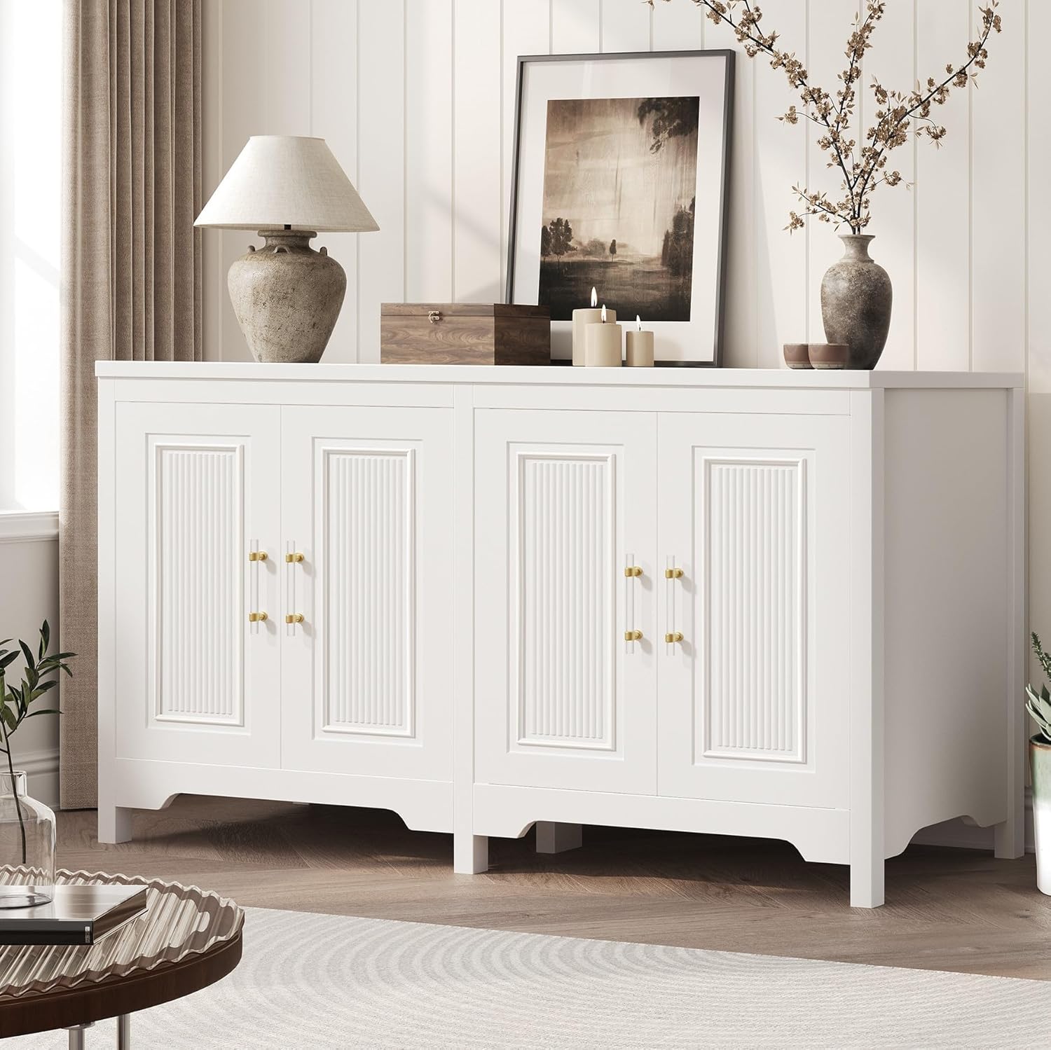 Buffet Cabinet with Storage, 55" Large Sideboard Buffet Storage Cabinet with 4 Doors and Shelves, Modern Farmhouse Coffee Bar Station Wood Kitchen Table for Kitchen, Dining Room, White 55*15.7*32.2 White
