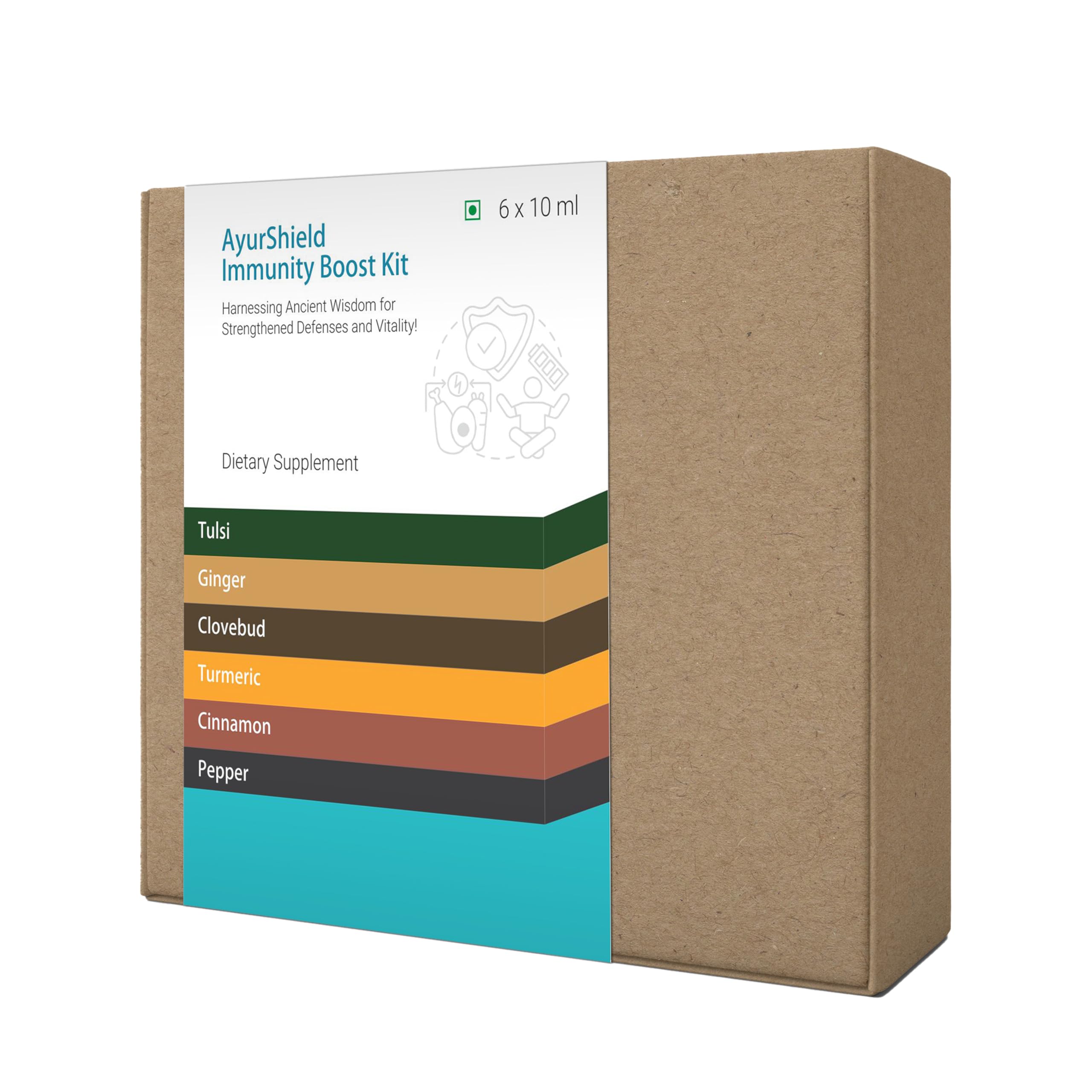 OneDrop Wellness | AyurShield Immunity Boost Kit with 6 Individual Herbal Care Drops of Tulsi, Ginger, Clove Bud, Turmeric, Cinnamon & Black Pepper | Makes 100 Servings 10ml Each (Pack of 6)