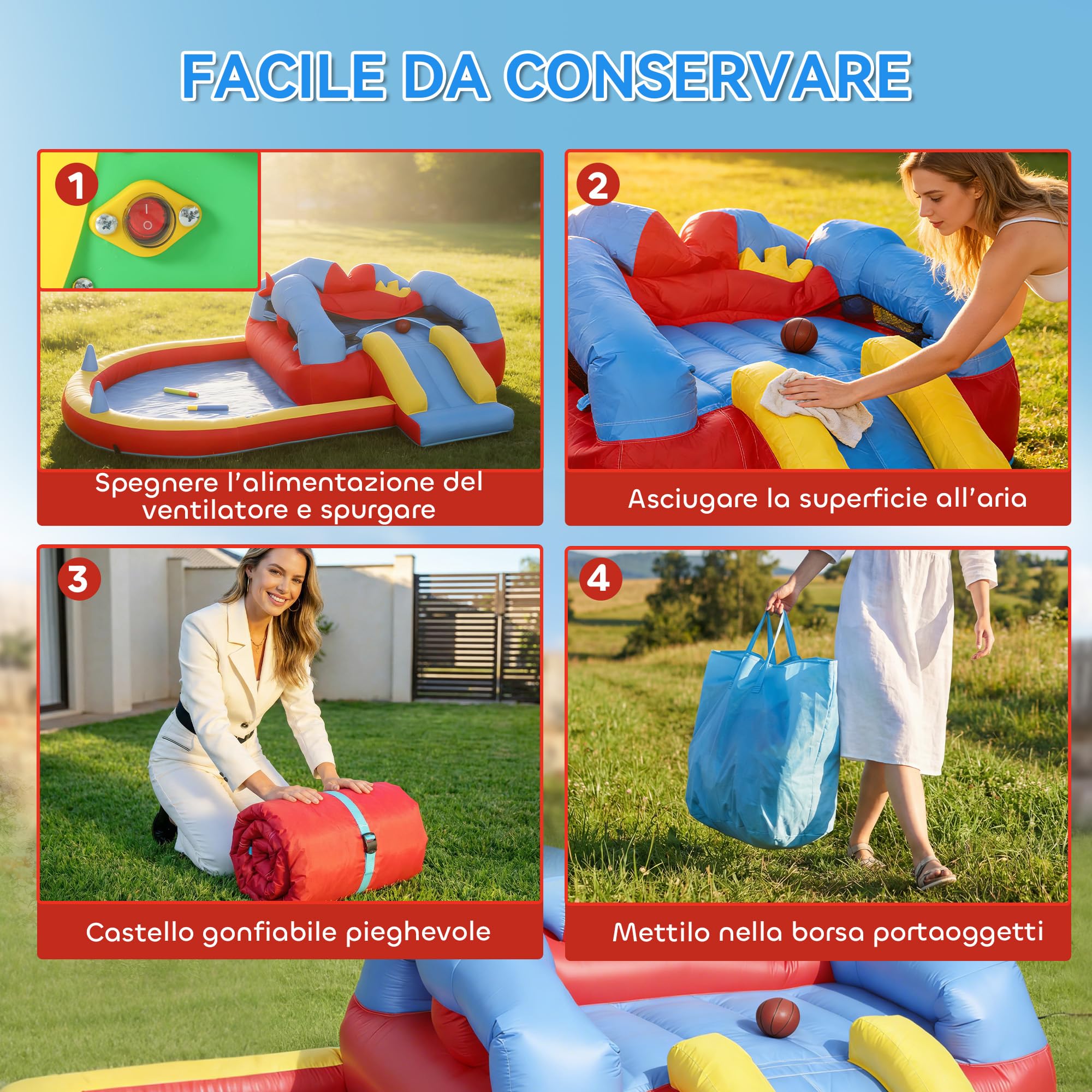 AIYAPLAY Castello Gonfiabile per Bambini 4 in 1, Parco Acquatico con Scivolo, Trampolino, Piscina Palline, Canestro Basket, Soffiatore, Borsa Trasporto, Interni Esterni, 3-8 Anni, 342x255x209 cm
