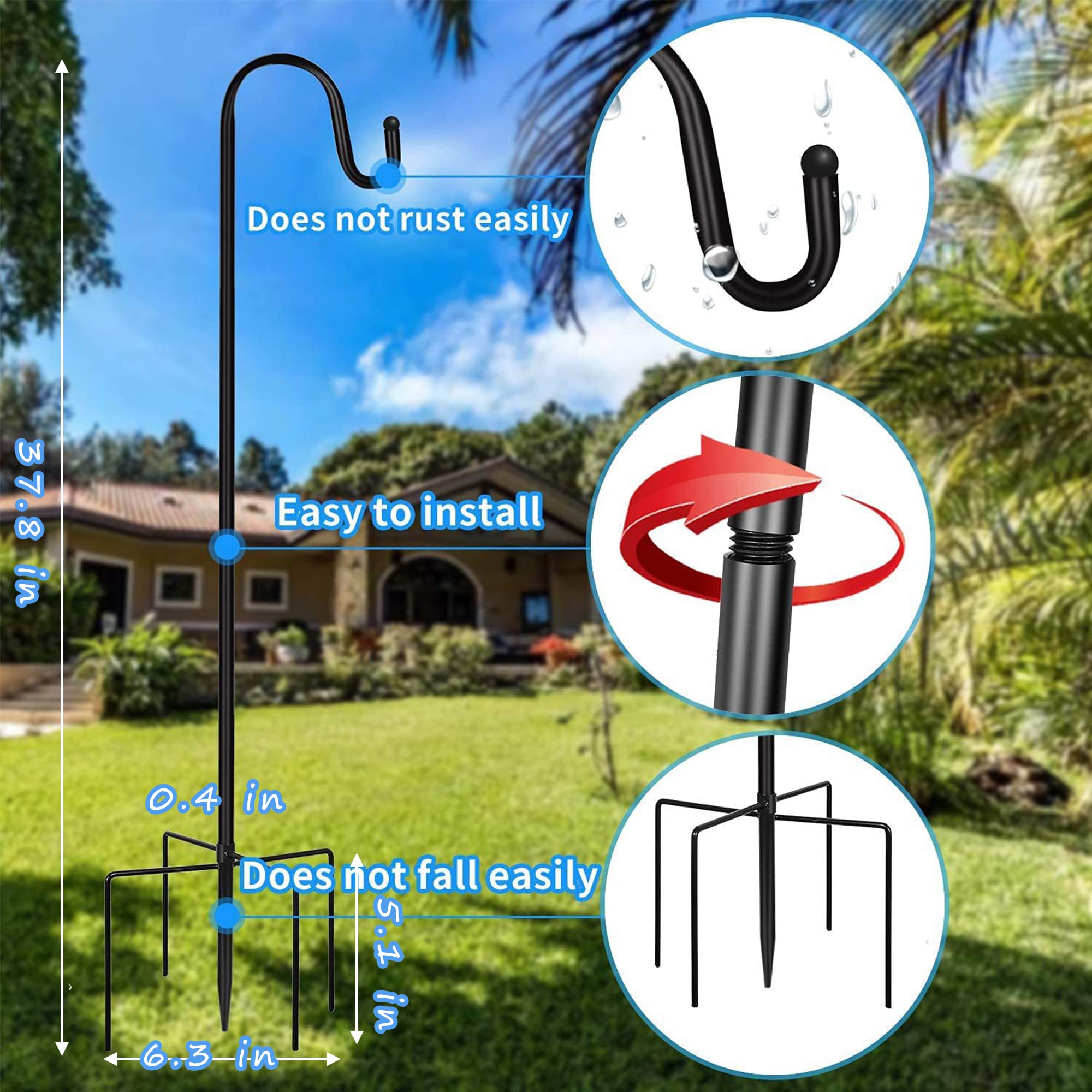 NMM Gancio da pastore da esterno con base a 5 rebbi, altezza 95 cm, supporto regolabile resistente da appendere per appendere luce solare, mangiatoie per uccelli, lanterne, barattoli di vetro e