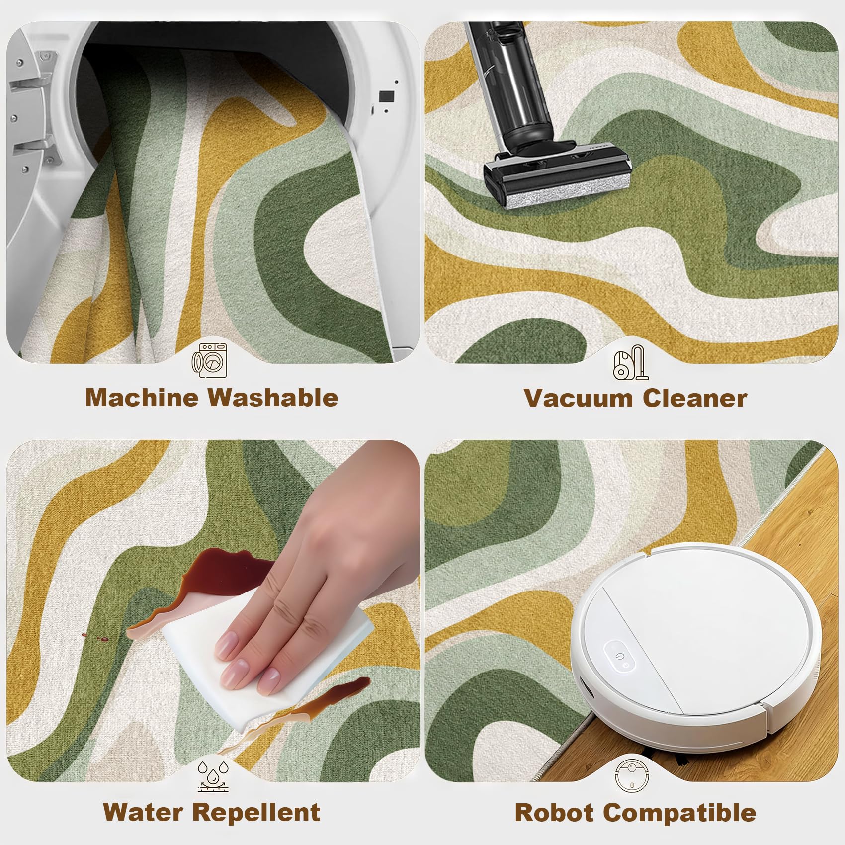 Générique Tapis Salon Vintage 70s Abstrait 140x200 cm, Vague Groovy Retro Tapis Chambre Antidérapant, Jaune Moutarde Vert Sauge Tapis à Poils Ras Lavable pour Bureau Salle à Manger Cuisine R1J192t