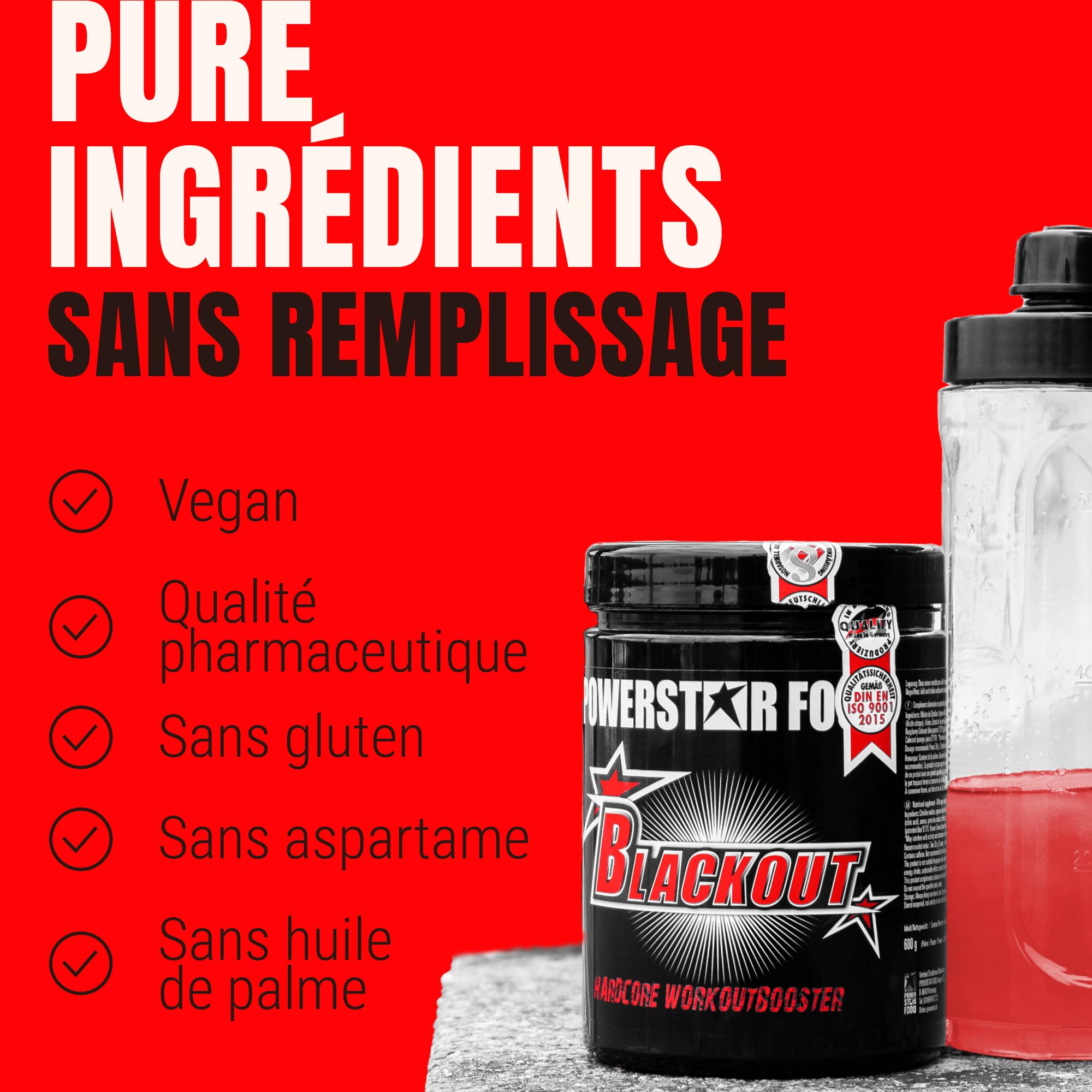 Powerstar BLACKOUT Pre Workout Booster Hardcore 600g | Booster Pré-Entraînement | Haute Dose avec Caféine Naturelle | Fitness & Énergie | Fabriqué en Allemagne | Végétalien | Green Lemon