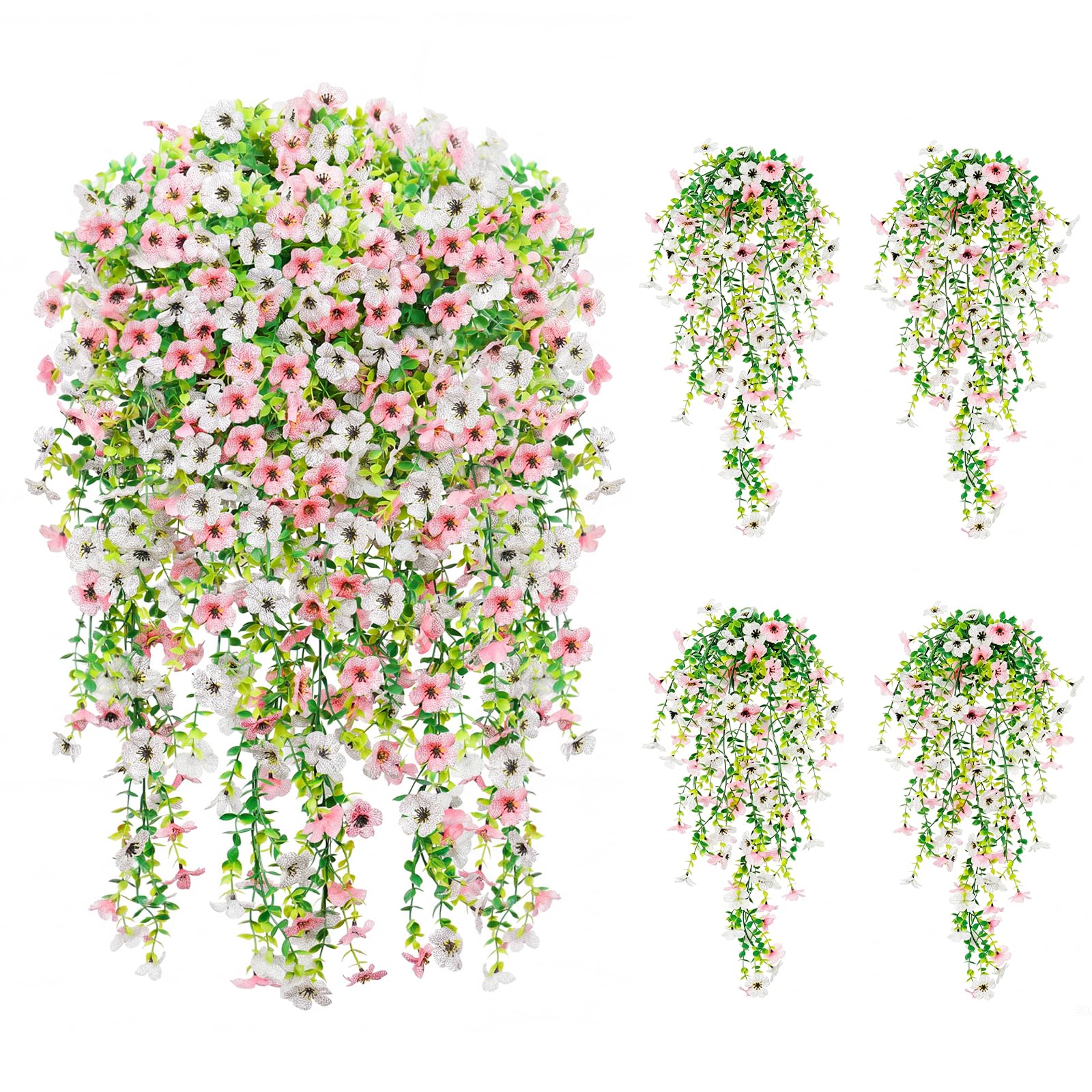 Artificial Flowers for Outdoors,8PCS Hanging Outdoor Faux Plants,UV Resistant Fake Flowers for Outdoor Planters,Realistic Fake Plants Spring Decor for Porch,Patio,Yard (PinkWhite)