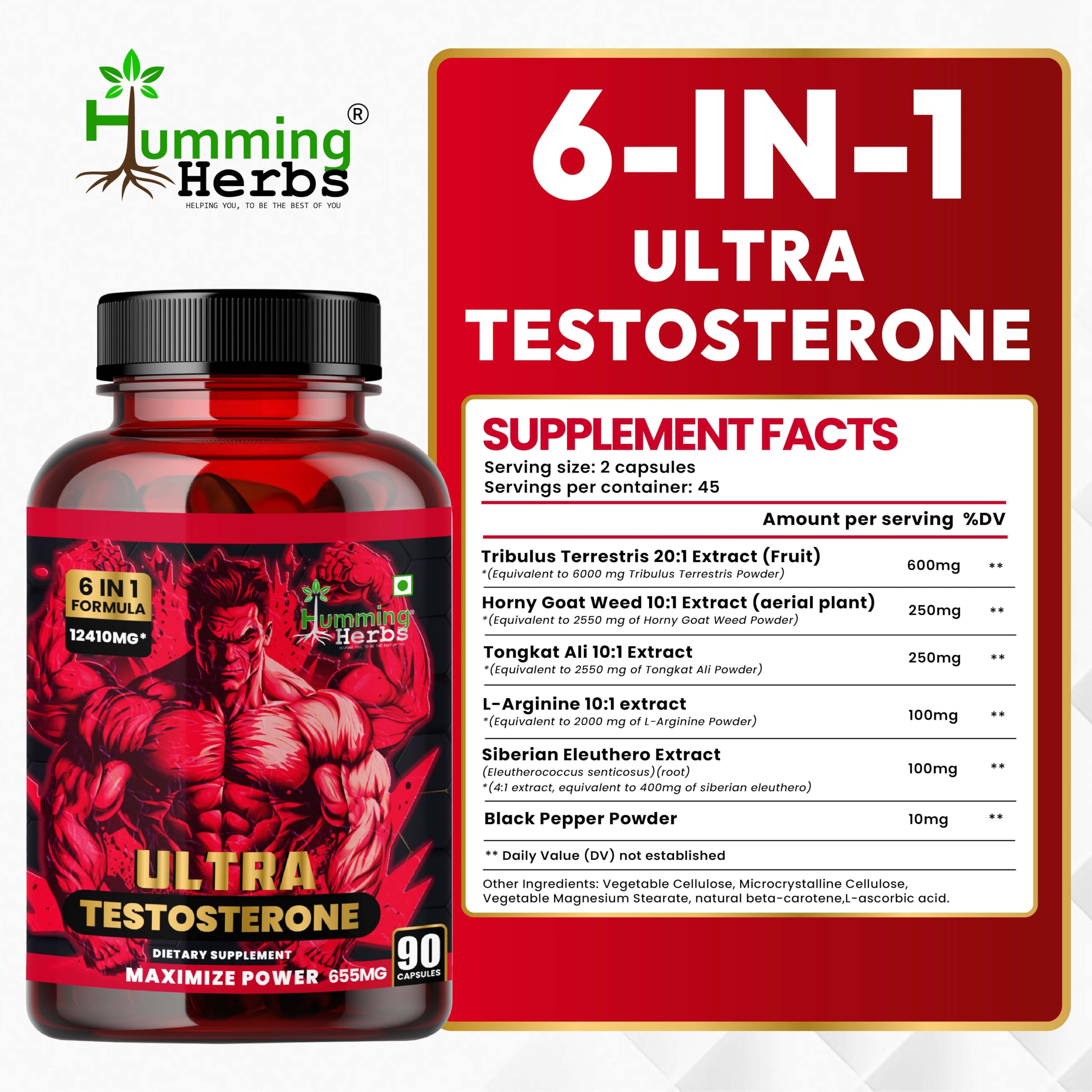 Humming Herbs Ultra Testosterone support for men| Muscle Growth, Energy and Performance with | Tongkat Ali, Tribulus,Arginine and Horny Goat Weed | | 6in1 | 12410 eqv |90 Capsules |, 80 grams — Amazon image 9
