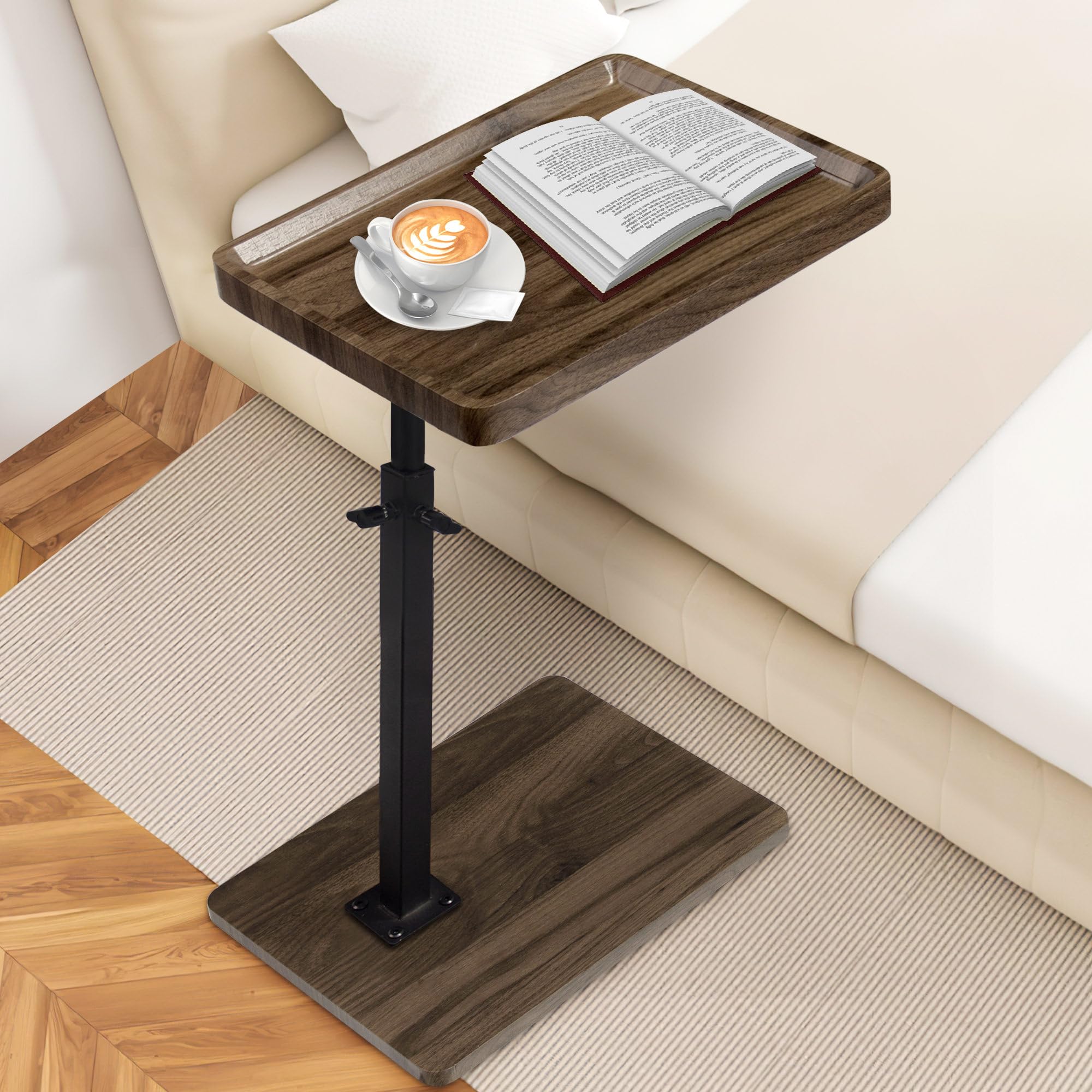 AoligraceNight Stand Adjustable Height, 360°Swivel C Shaped End Table for Couch Sofa, TV Tray C Table, Walnut Small Bed Side Table for Small Spaces Living Room Bedroom Hospital
