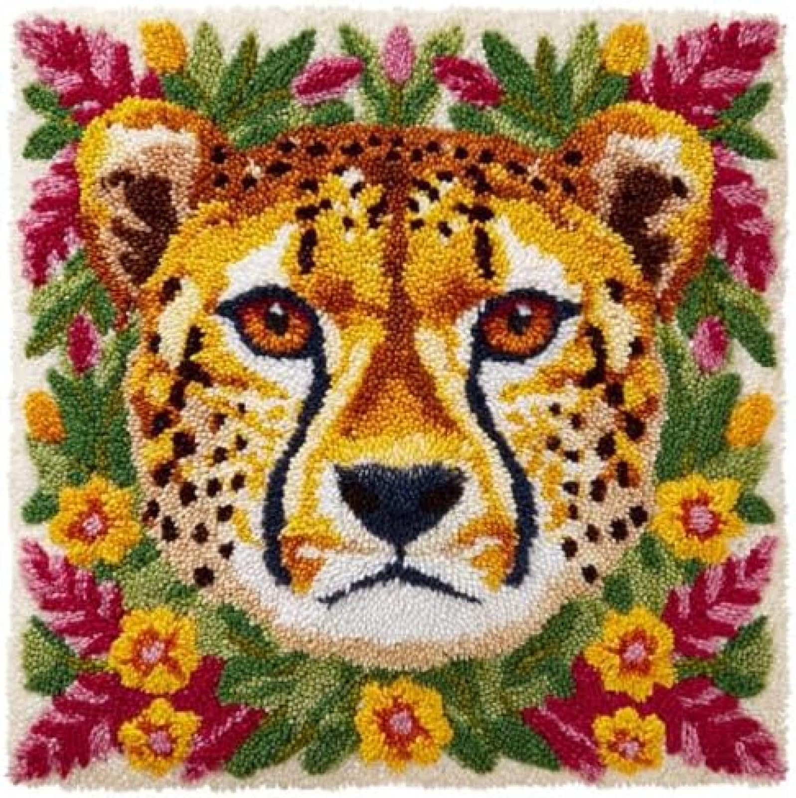 kitphoenix DIY Cushion Cover Kit for Adults Beginners,Cheetah Portrait in Flowers,Latch Hook Craft Set for Women with Pre-Cut Yarn and Hook,43x43 cm