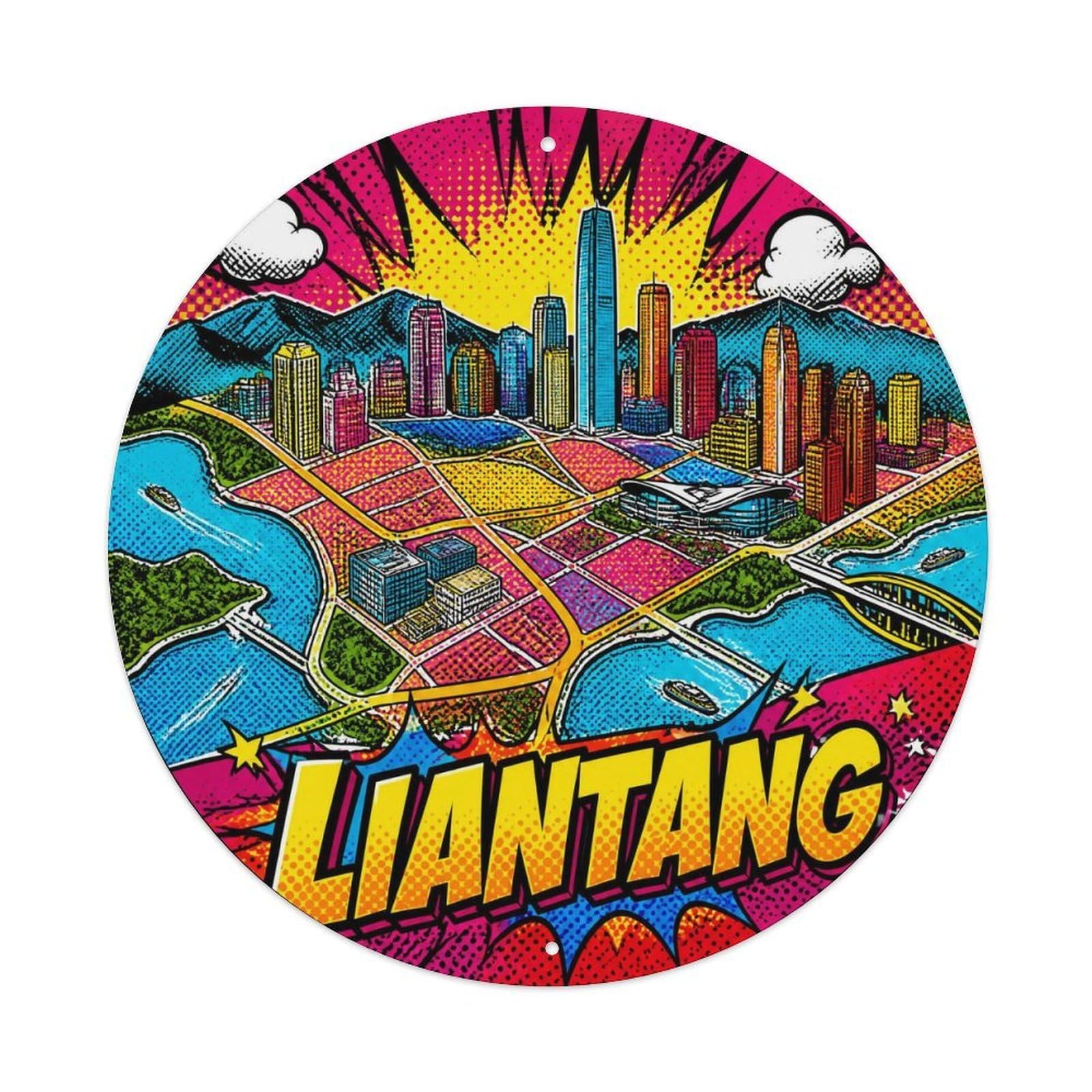 Okngb Style Landmark Route Shanghai Liantang District Travel Map Metal Tin Sign Plaque Wall Decor For Cafe, Man Cave, Club Bar, Office, Home Garden Round Metal Poster 8X8inch