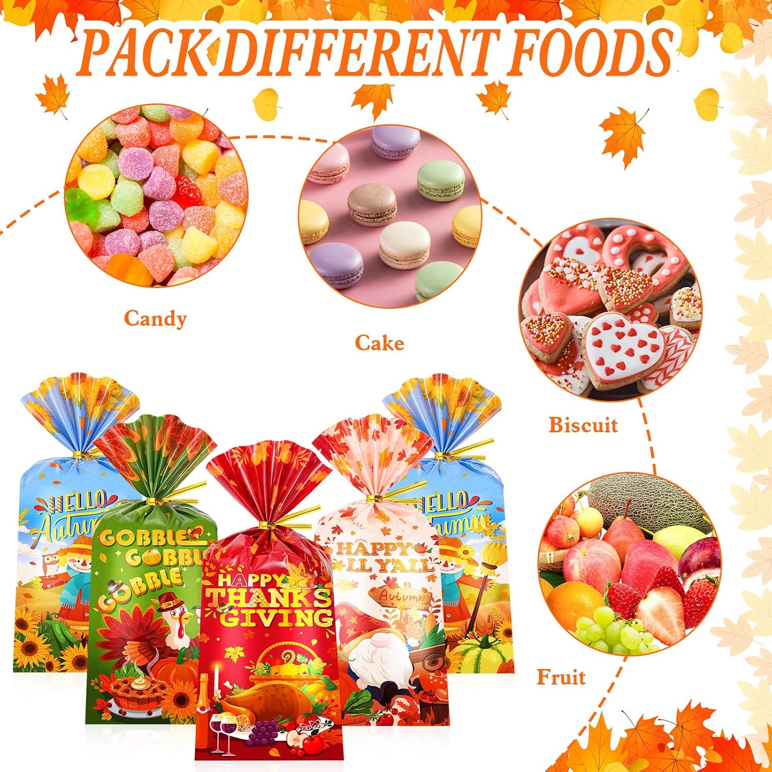 HOWAF 100pcs Fall Thanksgiving Candy Bag Bulk, Fall Cellophane Bags for Thanksgiving Give Thanks Party Favors, Autumn Party Gift Bags with Twist Ties Maple Leaves Goodie Bags for Turkey Day Supplies