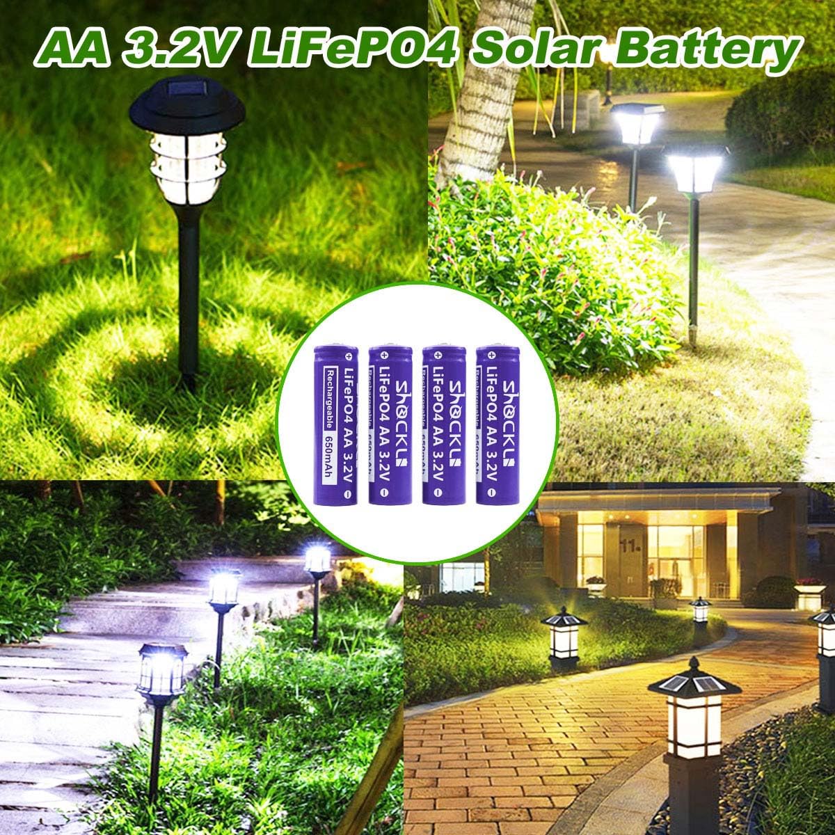funkawa (8-Pack) Shockli AA 3.2V 650mAh LiFePO4 Rechargeable Solar Battery with Charger, AA 3.2 Volt Lithium Iron Phosphate Battery for Outdoor Solar Lights