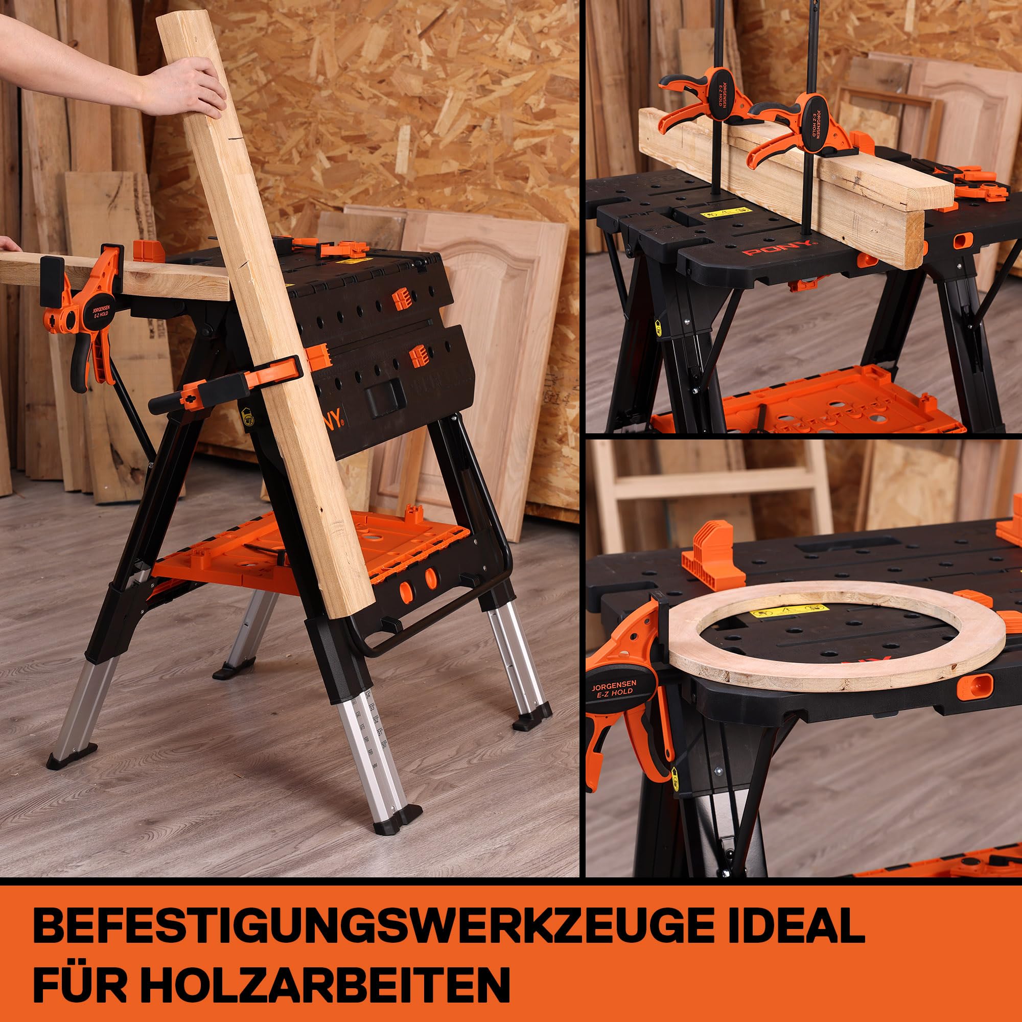 Pony 2 in 1 Werkbank klappbar bis 454kg belastbar, klappbare Sägebock mit ausziehbaren Aluminiumbeinen, Arbeitsbock mit 4 Schraubzwingen 150/300mm & 4 Stöcken, 79 x 63,5 x 89 cm
