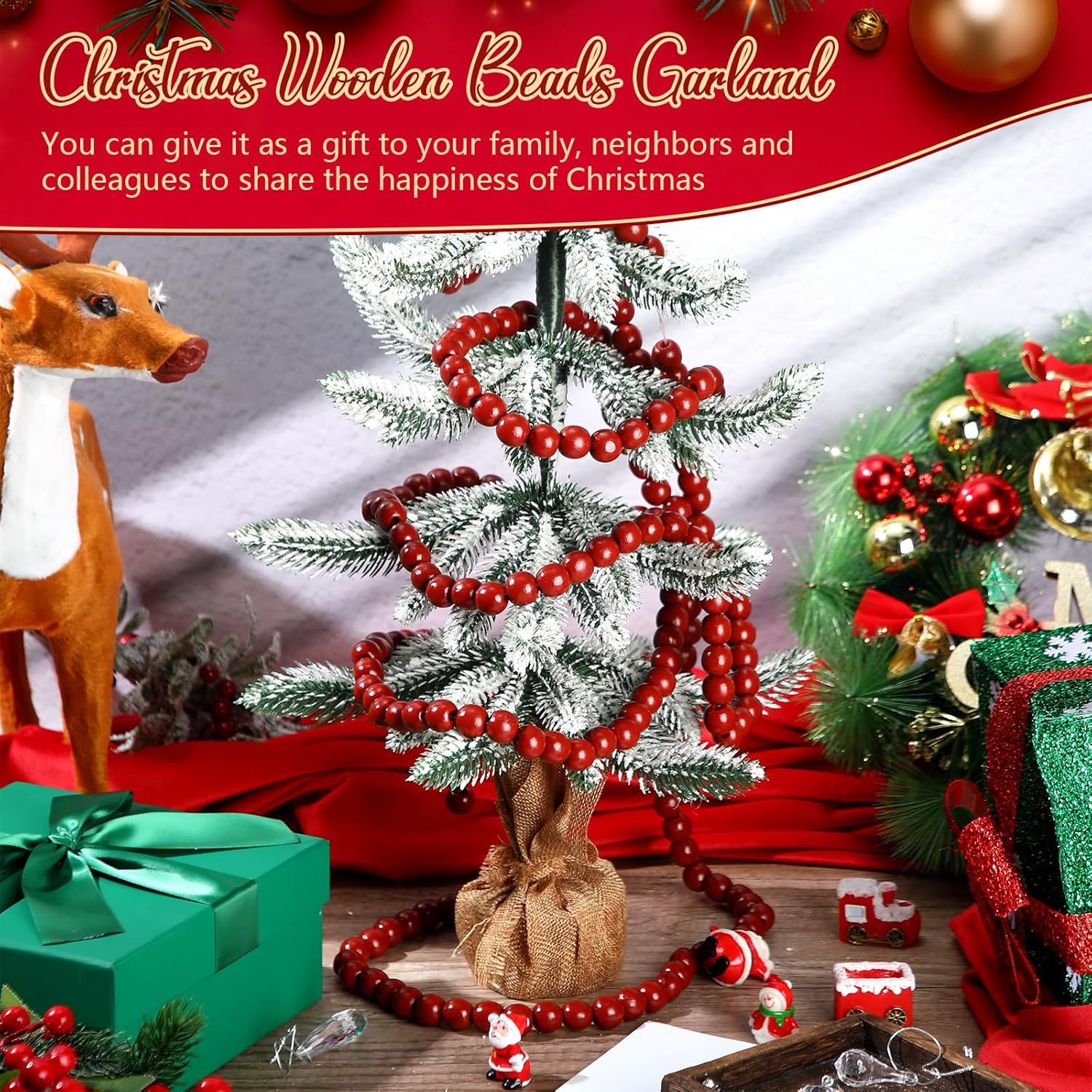 Equsion 2 Pcs/ 19.68 Feet Christmas Wooden Beads Garland Xmas Craft Bead Farmhouse Rustic Wood Round for Vintage Christmas Tree Ornaments Garlands Decoration Supplies(Red)