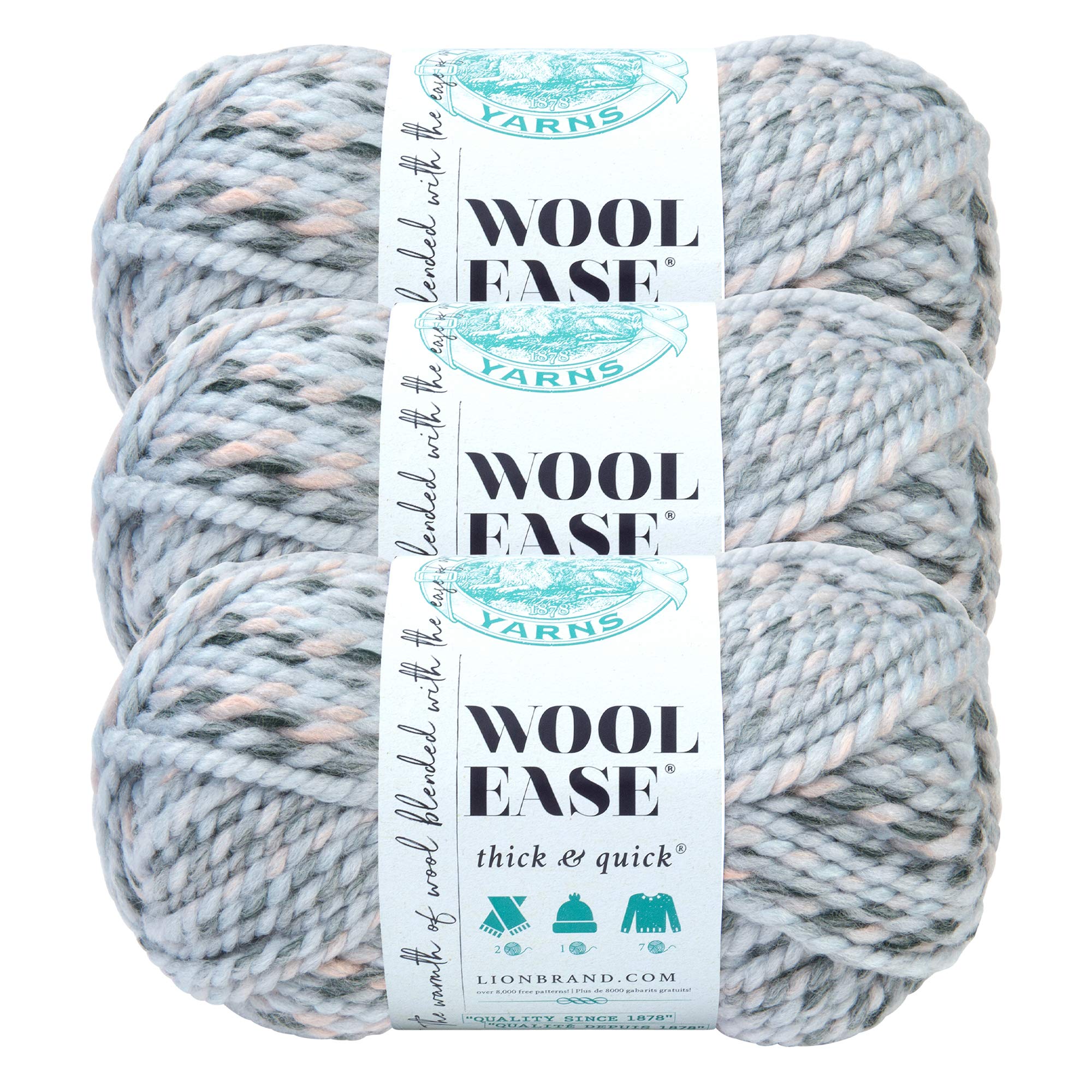 (3 Pack) Lion Brand Yarn 640-548 Wool-Ease Thick & Quick Yarn, Arctic Ice
