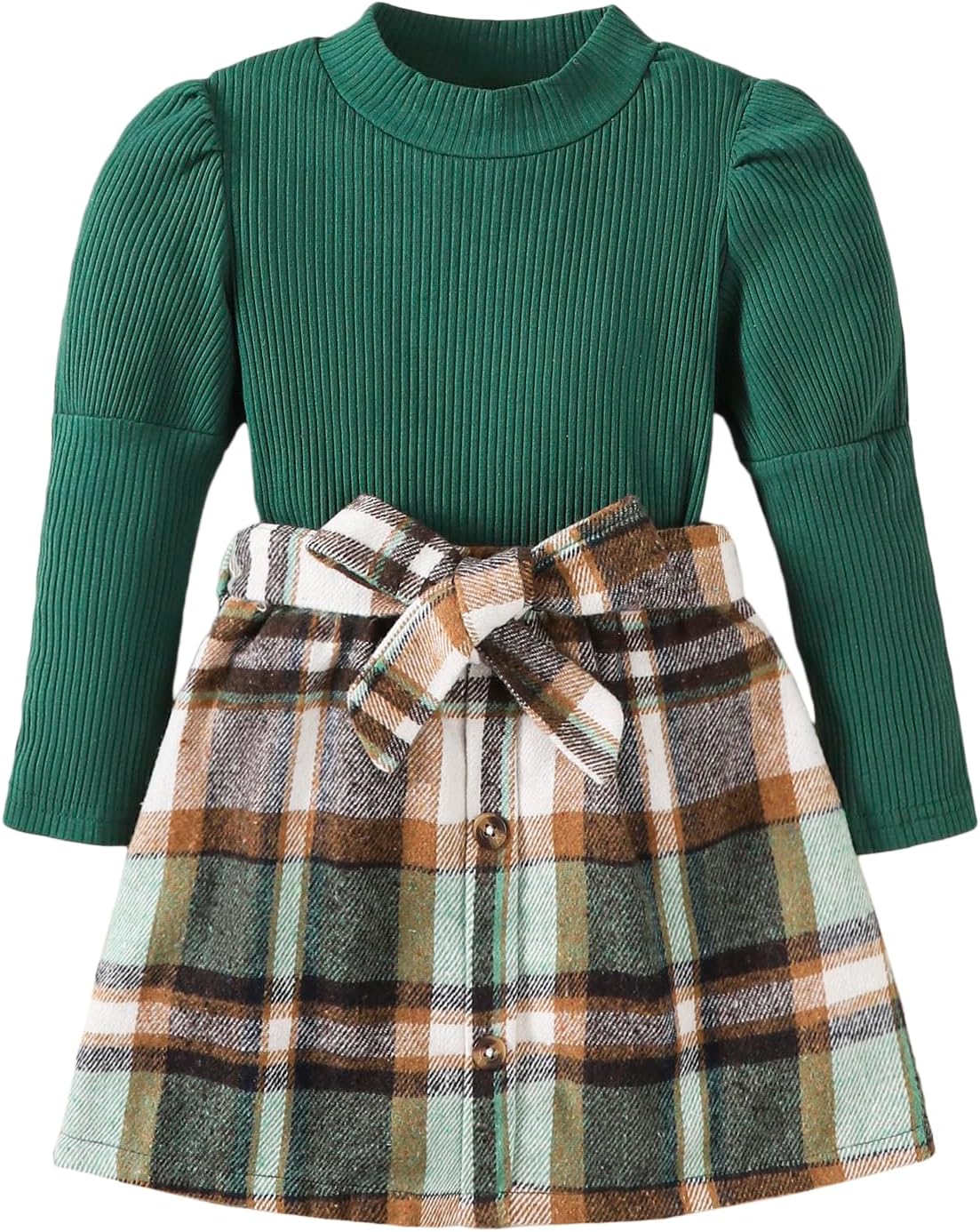 Kucnuzki Toddler Baby Girl Fall Winter Clothes Long Sleeve Ribbed Shirt Top Corduroy Mini Skirt Plaid A-line Dress Outfit